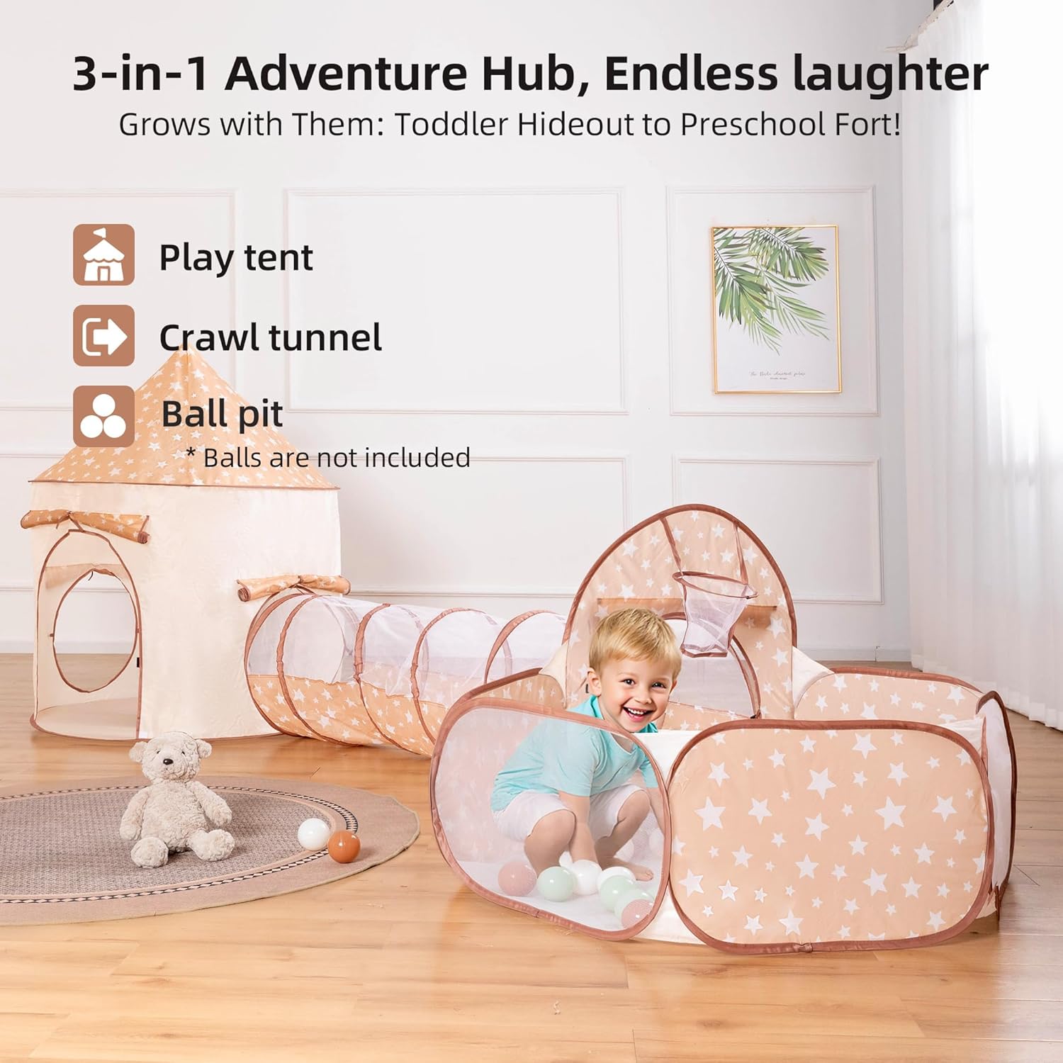 3-in-1 Kids Play Tent with Tunnel & Ball Pit for Toddlers 1-3, Indoor Outdoor Playhouse, Easy Pop Up, Portable Play Tents for Toddlers
