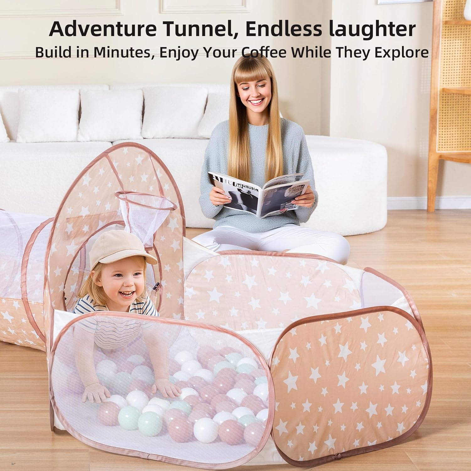 3-in-1 Kids Play Tent with Tunnel & Ball Pit for Toddlers 1-3, Indoor Outdoor Playhouse, Easy Pop Up, Portable Play Tents for Toddlers