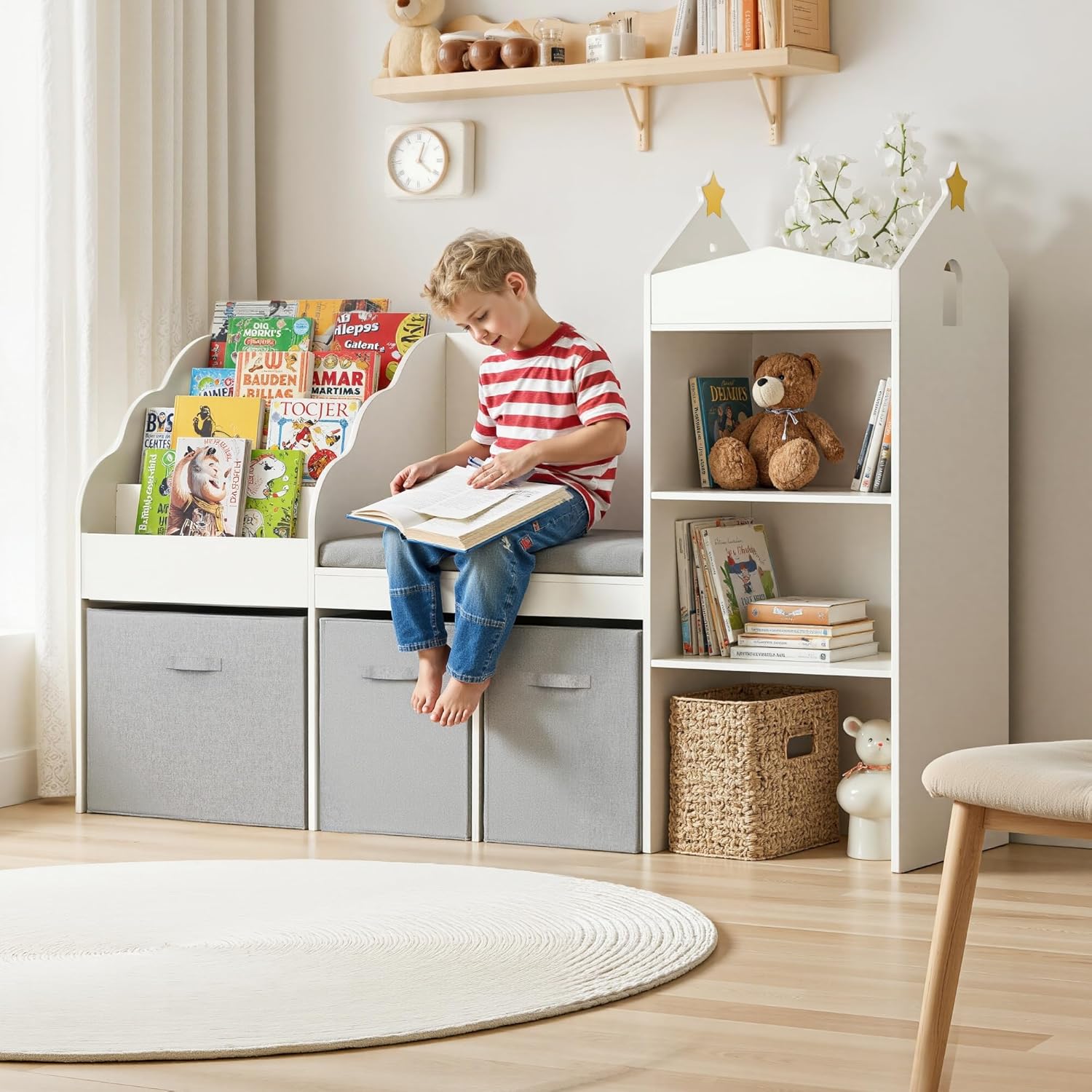 Kids Bookshelf with Reading Nook, Wooden Toy Storage Organizer with Cushioned Seat and 3 Fabric Drawers, Toddler Bookcase with Bench for Playroom, Bedroom, Nursery