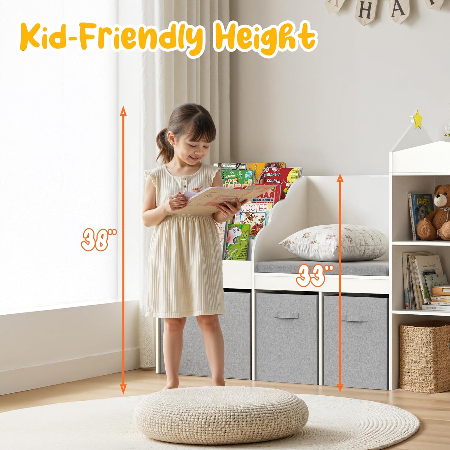 Kids Bookshelf with Reading Nook, Wooden Toy Storage Organizer with Cushioned Seat and 3 Fabric Drawers, Toddler Bookcase with Bench for Playroom, Bedroom, Nursery