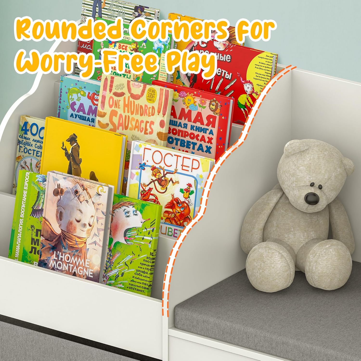 Kids Bookshelf with Reading Nook, Wooden Toy Storage Organizer with Cushioned Seat and 3 Fabric Drawers, Toddler Bookcase with Bench for Playroom, Bedroom, Nursery