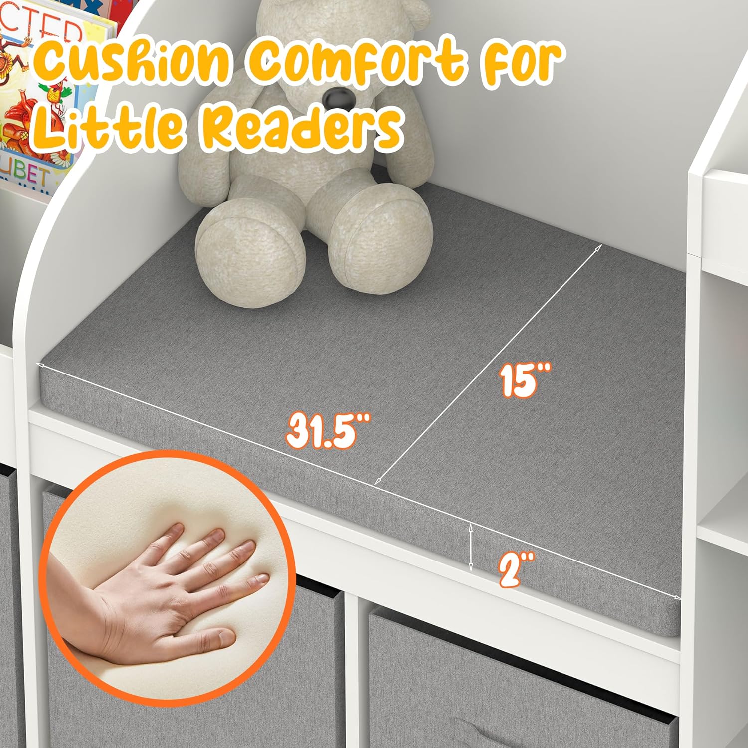 Kids Bookshelf with Reading Nook, Wooden Toy Storage Organizer with Cushioned Seat and 3 Fabric Drawers, Toddler Bookcase with Bench for Playroom, Bedroom, Nursery