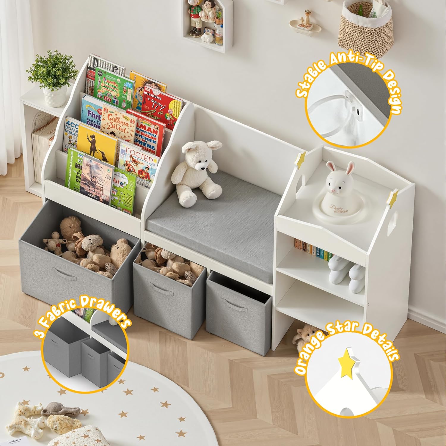 Kids Bookshelf with Reading Nook, Wooden Toy Storage Organizer with Cushioned Seat and 3 Fabric Drawers, Toddler Bookcase with Bench for Playroom, Bedroom, Nursery
