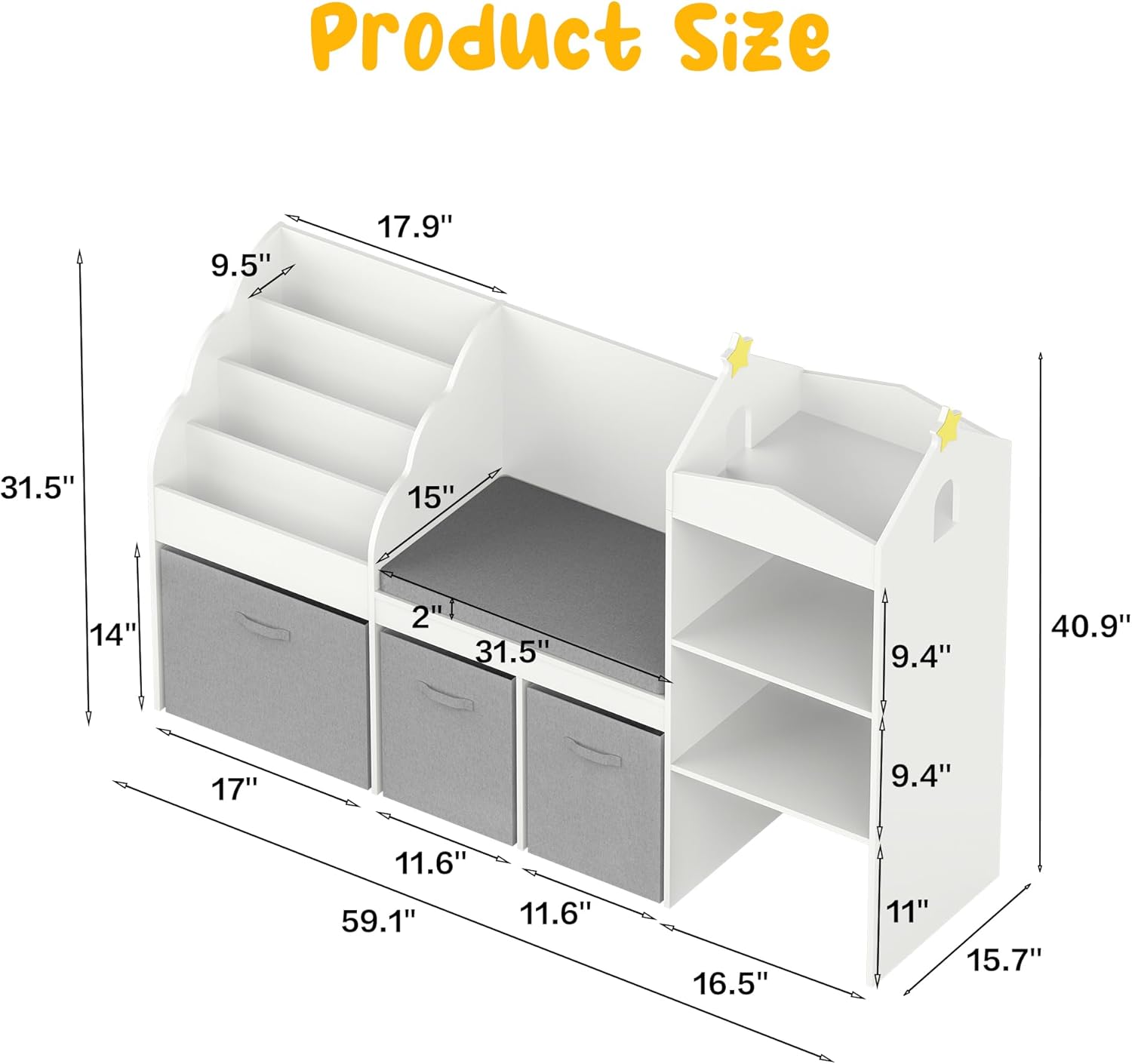 Kids Bookshelf with Reading Nook, Wooden Toy Storage Organizer with Cushioned Seat and 3 Fabric Drawers, Toddler Bookcase with Bench for Playroom, Bedroom, Nursery