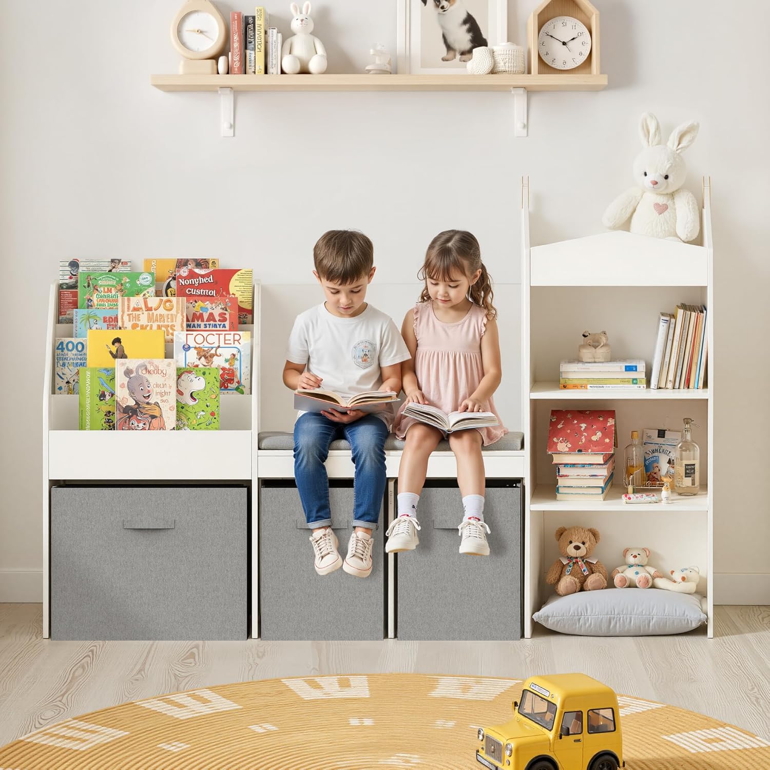 Kids Bookshelf with Reading Nook, Wooden Toy Storage Organizer with Cushioned Seat and 3 Fabric Drawers, Toddler Bookcase with Bench for Playroom, Bedroom, Nursery