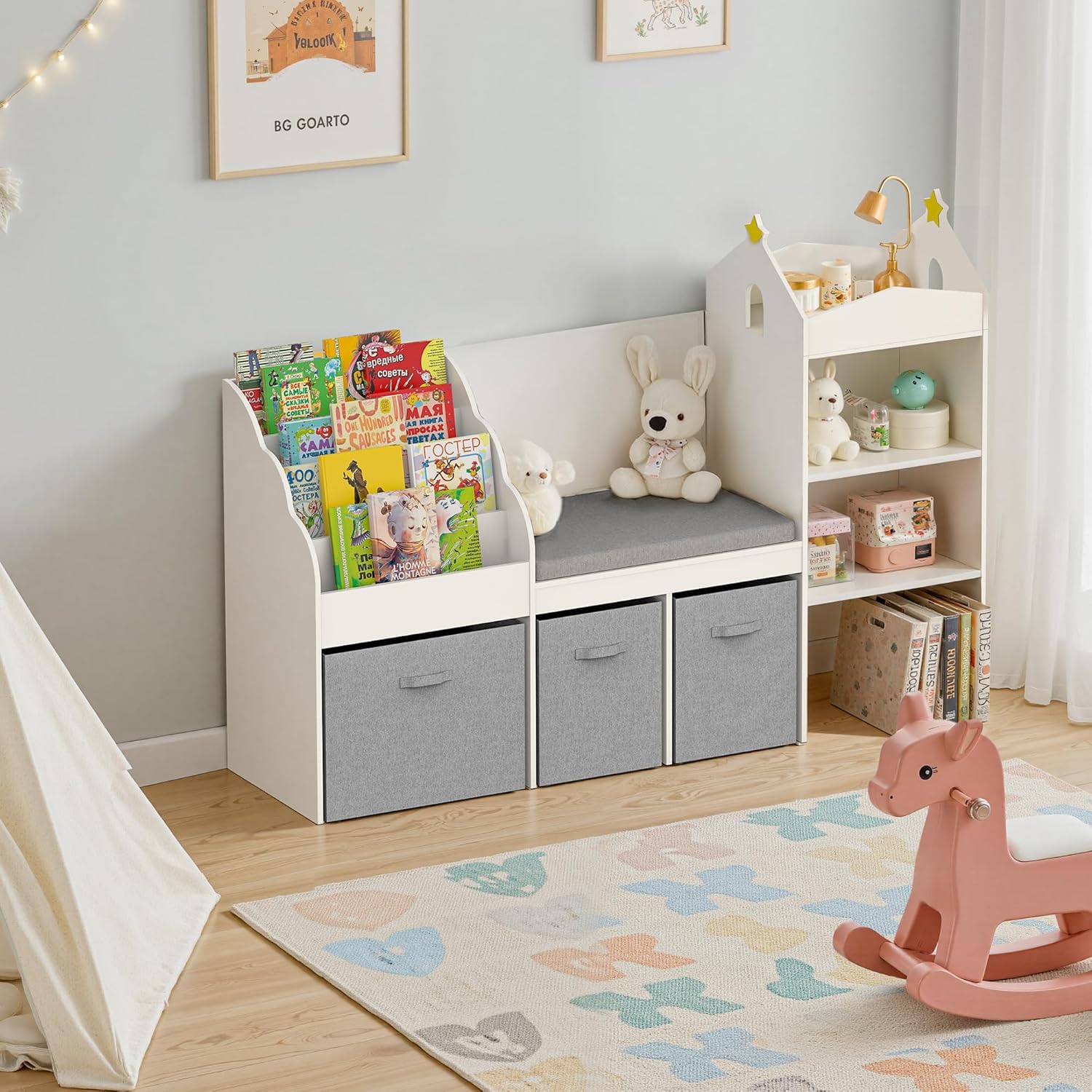 Kids Bookshelf with Reading Nook, Wooden Toy Storage Organizer with Cushioned Seat and 3 Fabric Drawers, Toddler Bookcase with Bench for Playroom, Bedroom, Nursery