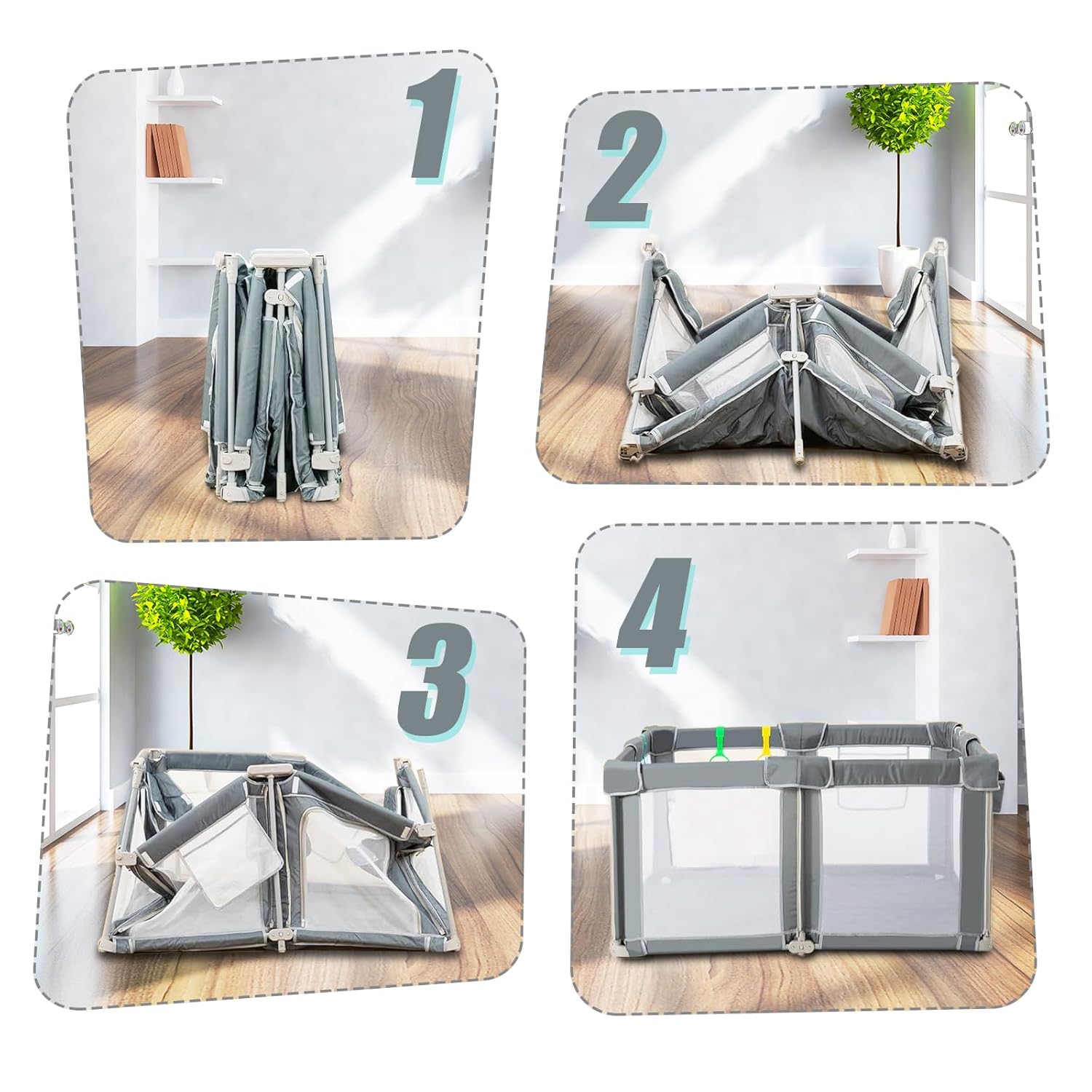 Foldable Baby Playpen 59"×71", Out-of-The-Box Ready Playpen for Babies and Toddlers, Portable Play Yard with Breathable Mesh & Gates, Storage Bag & 4 Handlers for Indoor & Outdoor