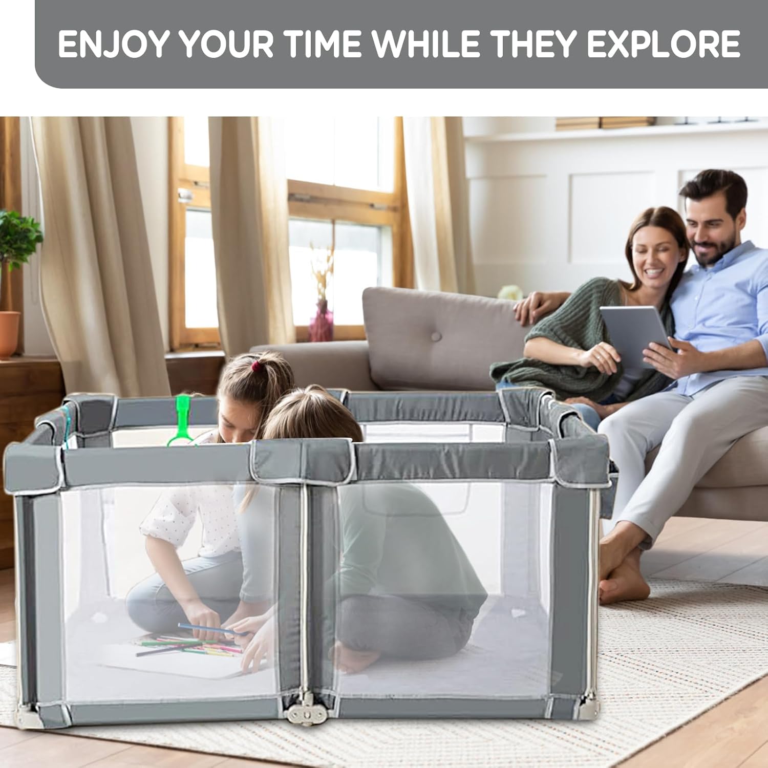 Foldable Baby Playpen 59"×71", Out-of-The-Box Ready Playpen for Babies and Toddlers, Portable Play Yard with Breathable Mesh & Gates, Storage Bag & 4 Handlers for Indoor & Outdoor