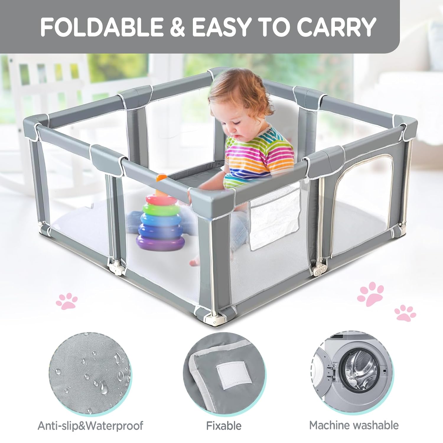 Foldable Baby Playpen 59"×71", Out-of-The-Box Ready Playpen for Babies and Toddlers, Portable Play Yard with Breathable Mesh & Gates, Storage Bag & 4 Handlers for Indoor & Outdoor