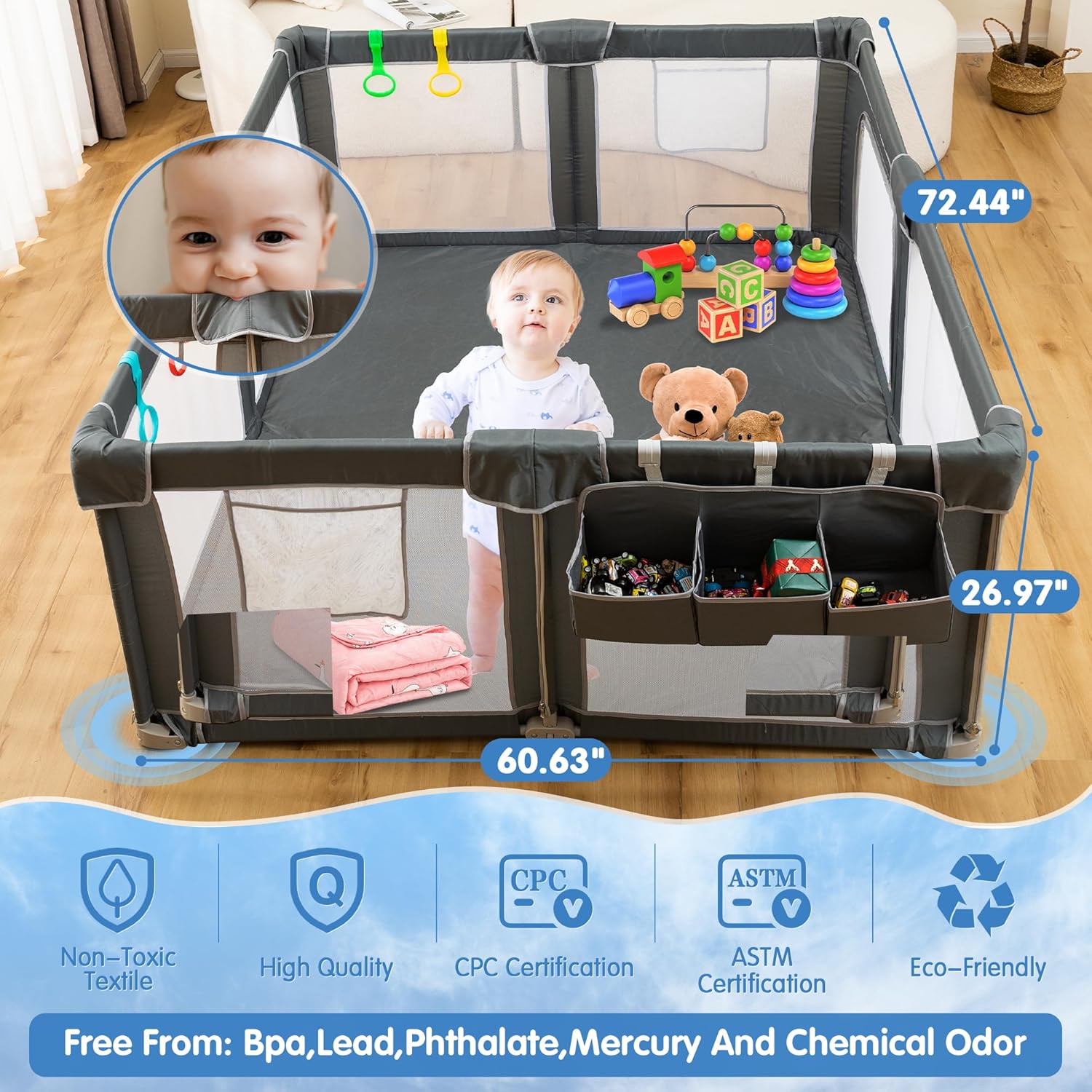 Foldable Baby Playpen 59"×71", Out-of-The-Box Ready Playpen for Babies and Toddlers, Portable Play Yard with Breathable Mesh & Gates, Storage Bag & 4 Handlers for Indoor & Outdoor