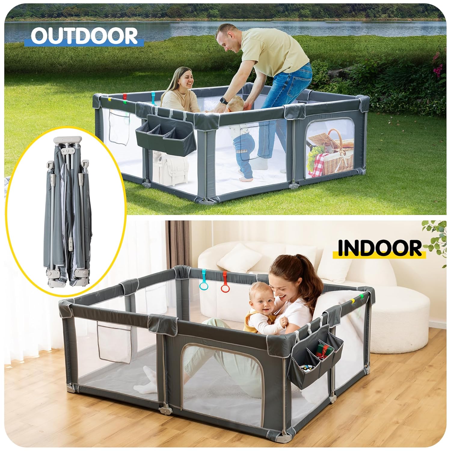 Foldable Baby Playpen 59"×71", Out-of-The-Box Ready Playpen for Babies and Toddlers, Portable Play Yard with Breathable Mesh & Gates, Storage Bag & 4 Handlers for Indoor & Outdoor