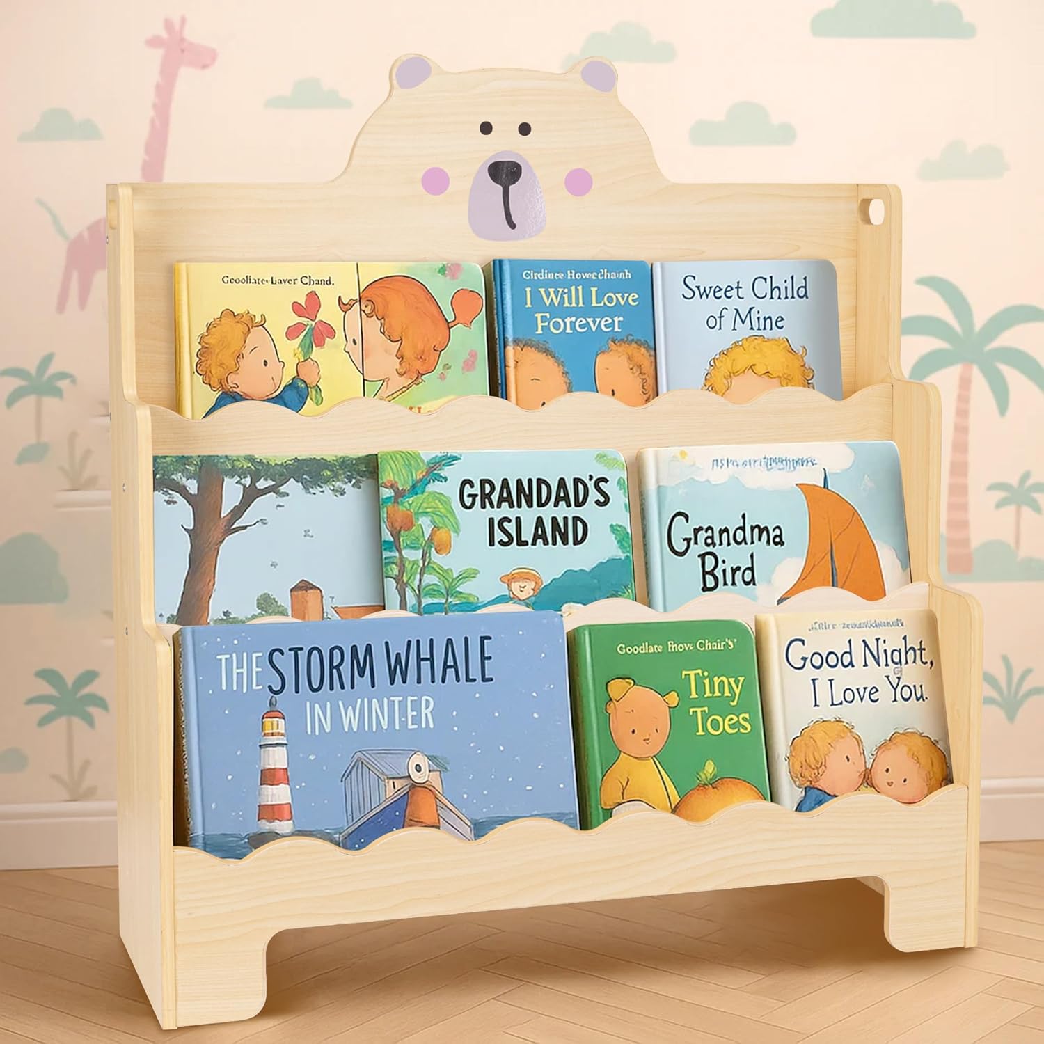 3-Tier Wooden Montessori Kids Bookshelf, Scalloped Book Shelf for Kids Rooms, Bear Toddler Bookcase with Handles for Classroom, Playroom, Nursery