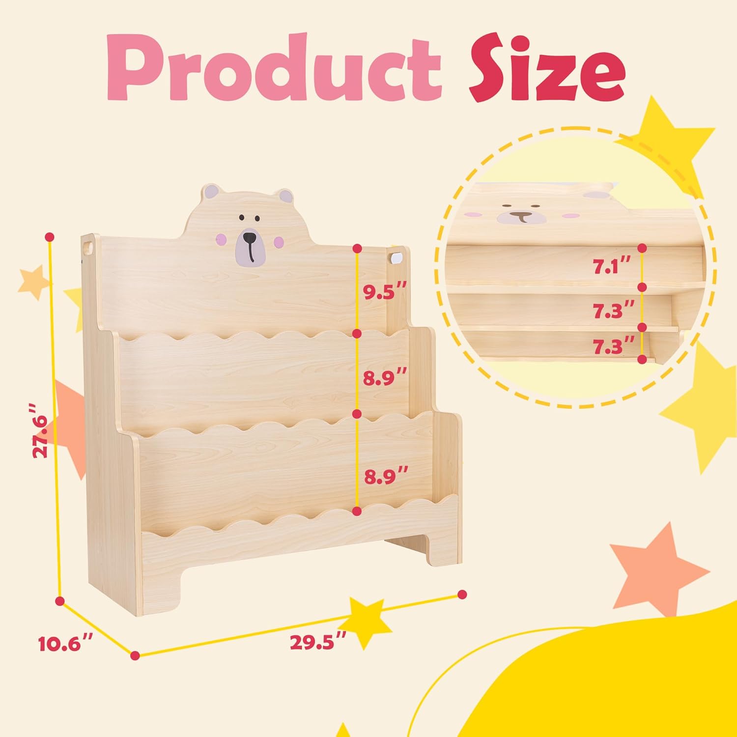 3-Tier Wooden Montessori Kids Bookshelf, Scalloped Book Shelf for Kids Rooms, Bear Toddler Bookcase with Handles for Classroom, Playroom, Nursery