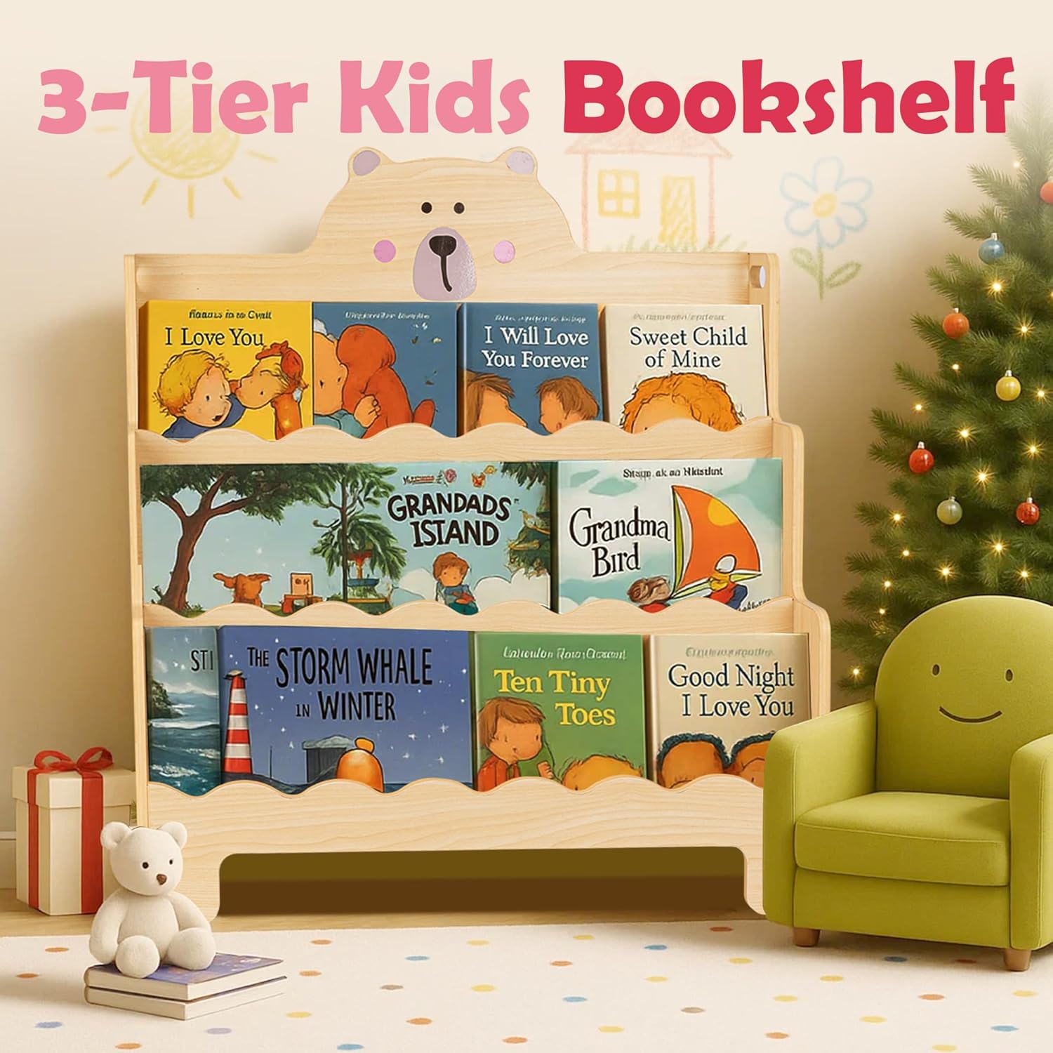 3-Tier Wooden Montessori Kids Bookshelf, Scalloped Book Shelf for Kids Rooms, Bear Toddler Bookcase with Handles for Classroom, Playroom, Nursery