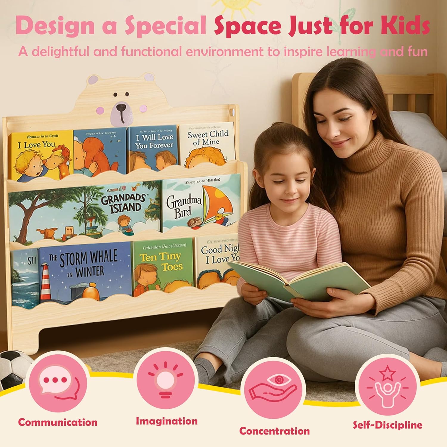 3-Tier Wooden Montessori Kids Bookshelf, Scalloped Book Shelf for Kids Rooms, Bear Toddler Bookcase with Handles for Classroom, Playroom, Nursery