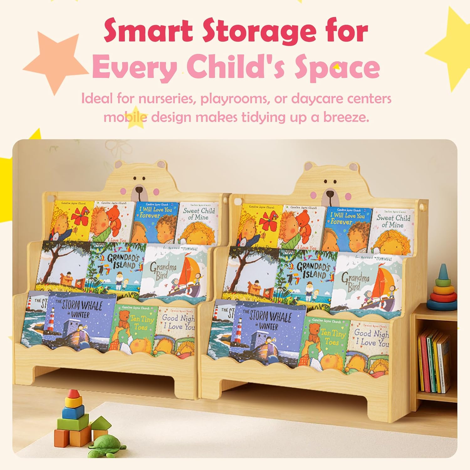 3-Tier Wooden Montessori Kids Bookshelf, Scalloped Book Shelf for Kids Rooms, Bear Toddler Bookcase with Handles for Classroom, Playroom, Nursery