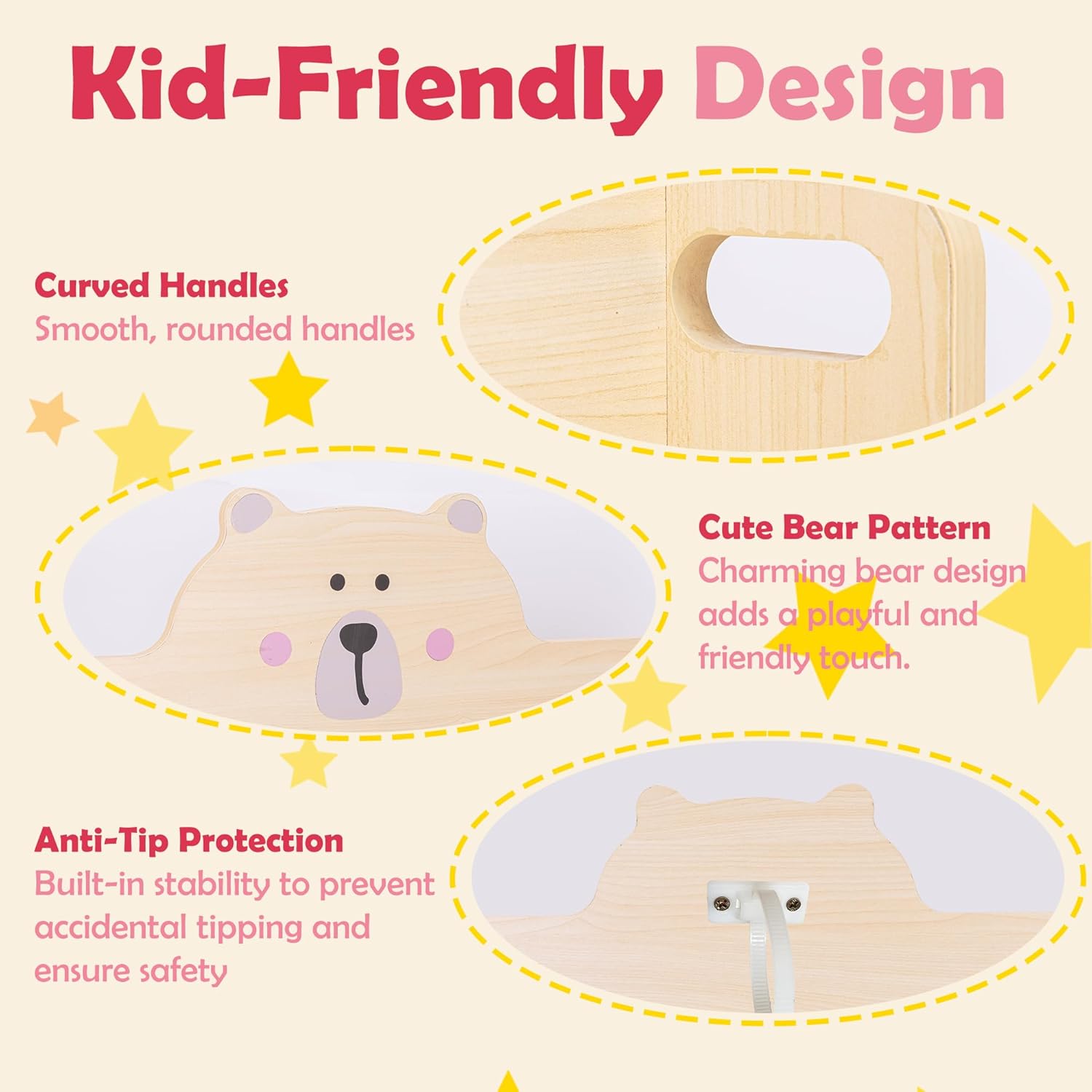 3-Tier Wooden Montessori Kids Bookshelf, Scalloped Book Shelf for Kids Rooms, Bear Toddler Bookcase with Handles for Classroom, Playroom, Nursery