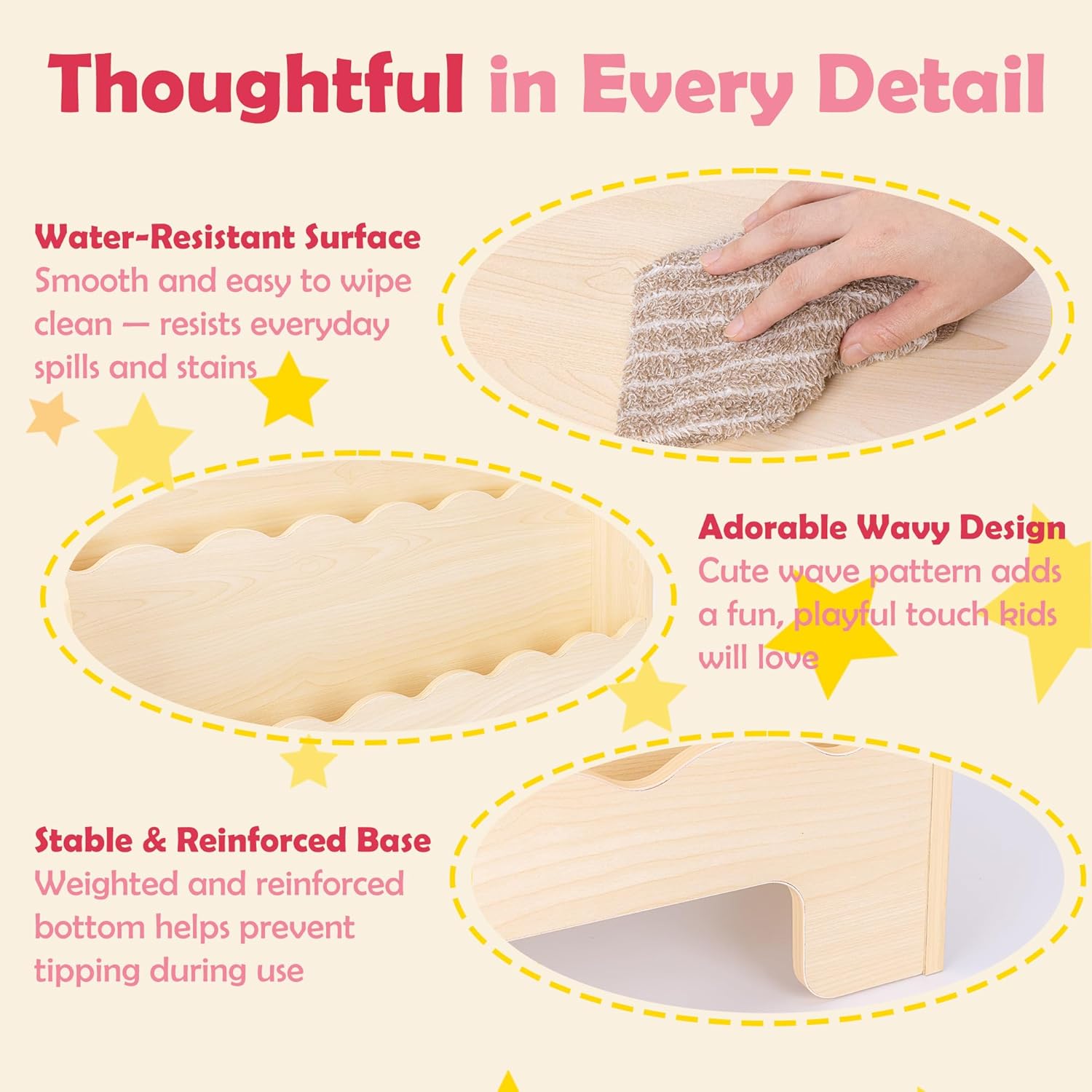 3-Tier Wooden Montessori Kids Bookshelf, Scalloped Book Shelf for Kids Rooms, Bear Toddler Bookcase with Handles for Classroom, Playroom, Nursery