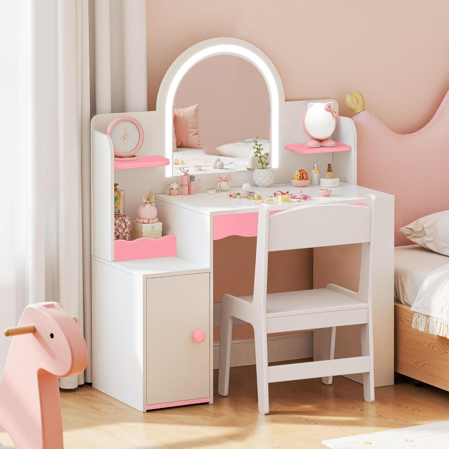 Kids Bookshelf with Reading Nook, Wooden Toy Storage Organizer with Cushioned Seat and 3 Fabric Drawers, Toddler Bookcase with Bench for Playroom, Bedroom, Nursery