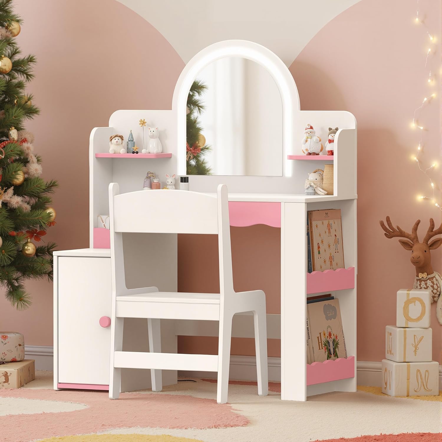 Kids Bookshelf with Reading Nook, Wooden Toy Storage Organizer with Cushioned Seat and 3 Fabric Drawers, Toddler Bookcase with Bench for Playroom, Bedroom, Nursery