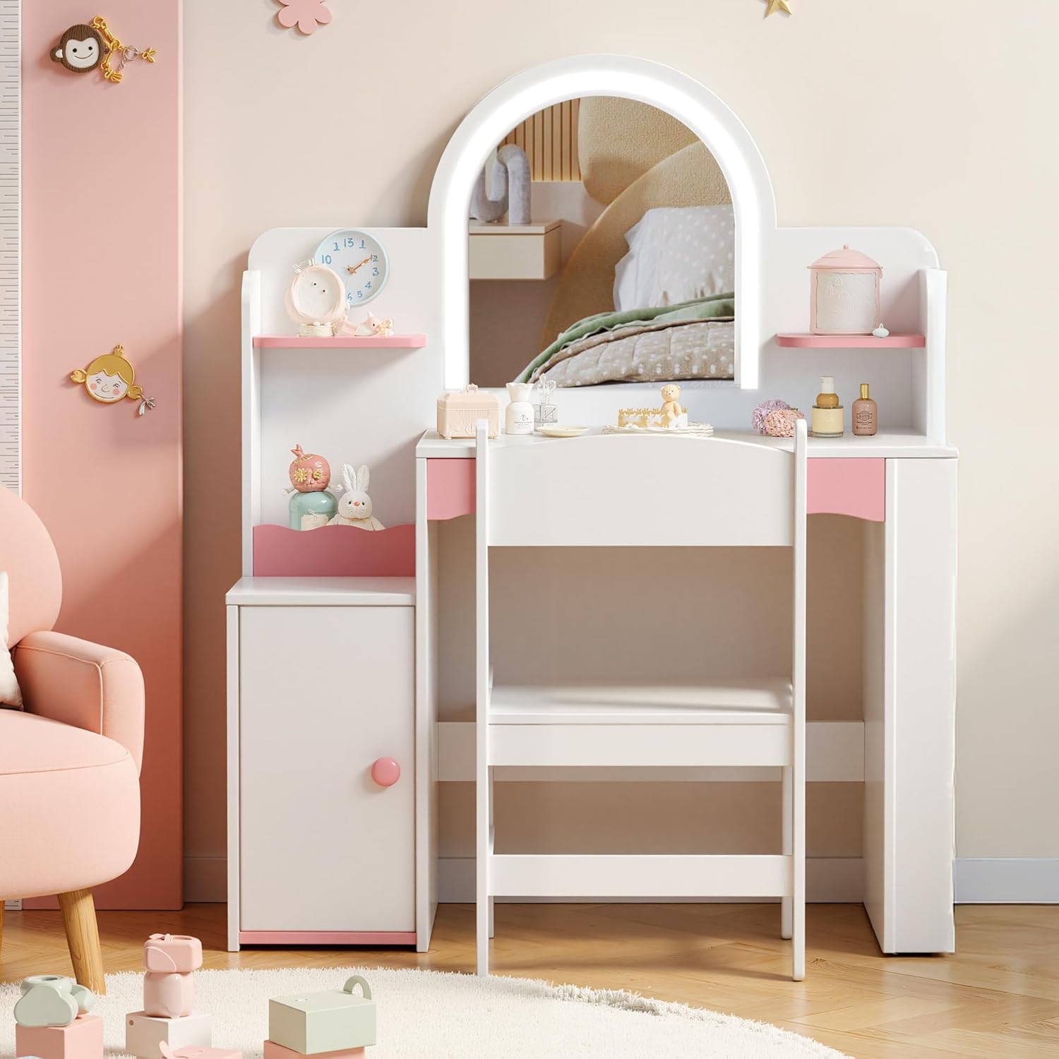 Kids Bookshelf with Reading Nook, Wooden Toy Storage Organizer with Cushioned Seat and 3 Fabric Drawers, Toddler Bookcase with Bench for Playroom, Bedroom, Nursery