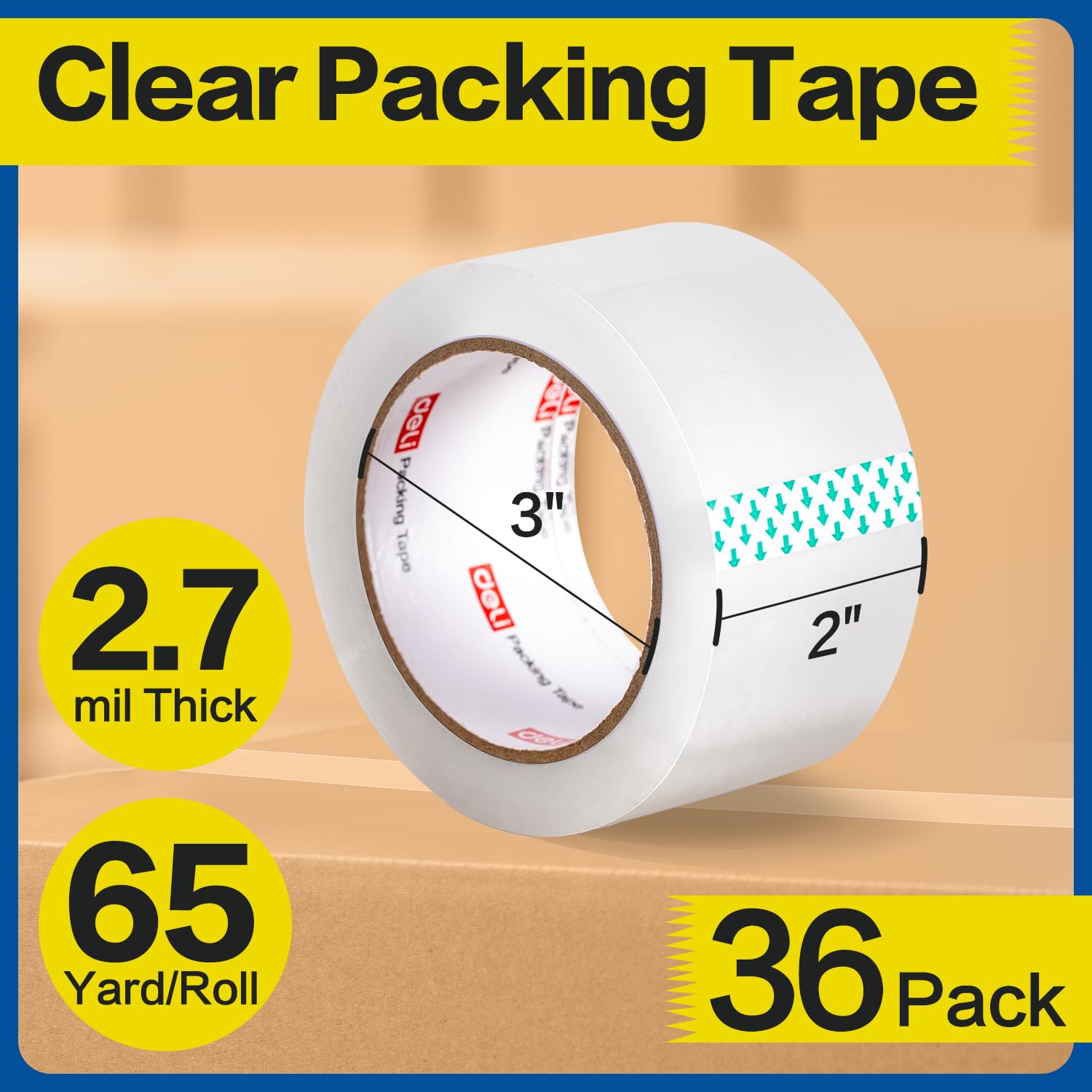deli Heavy Duty Packing Tape 36 Rolls, Clear Packing Tape for Shipping Packaging Moving Sealing, 2.7mil Thick, 65 Yards Per Roll, 2340 Total Yards, 1.88-inch/2-inch Options