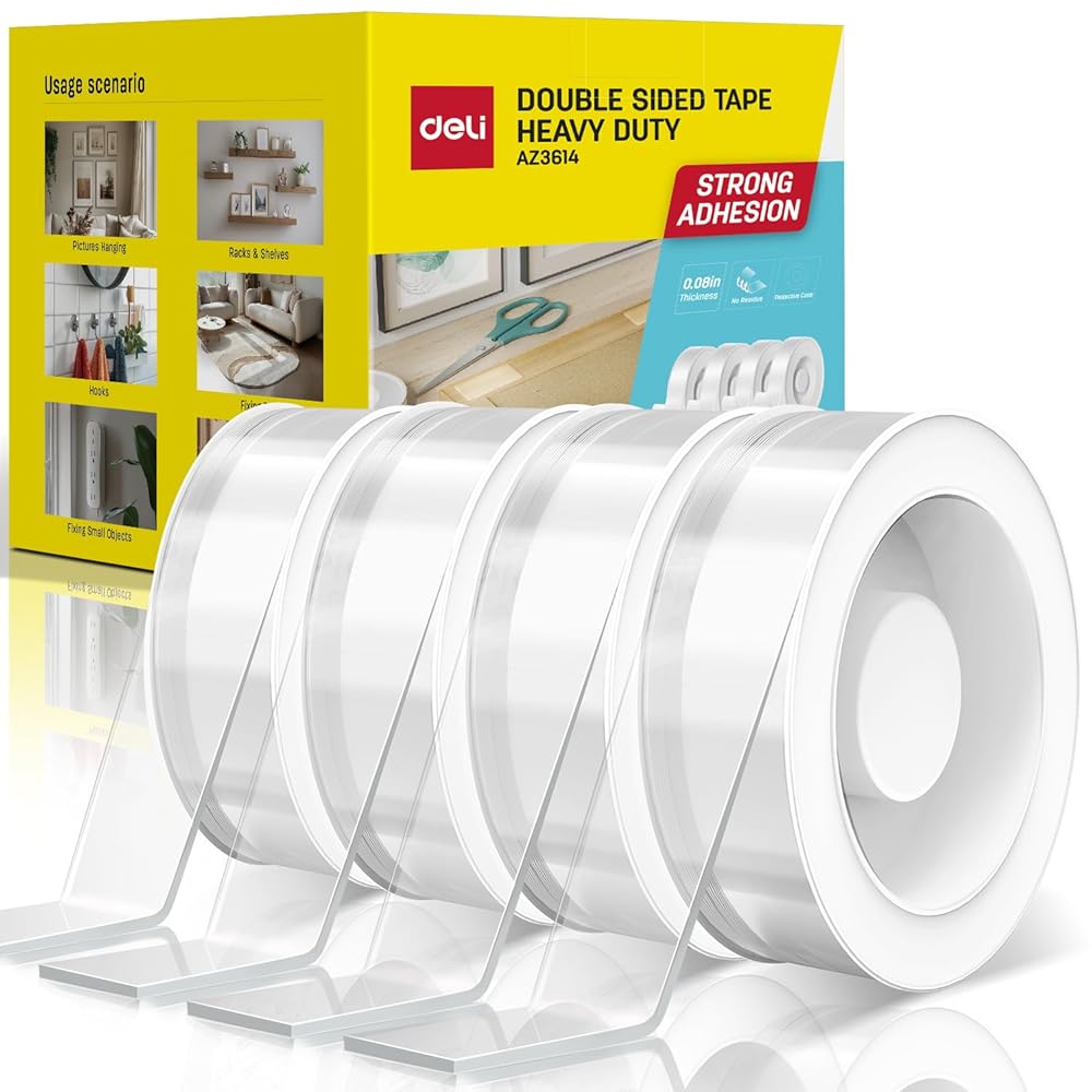 Deli Double Sided Tape Heavy Duty, Nano Tape, Double Sided Mounting Tape, Clear Adhesive Tape for Hanging Picture, Poster, Carpet, Photo Deco