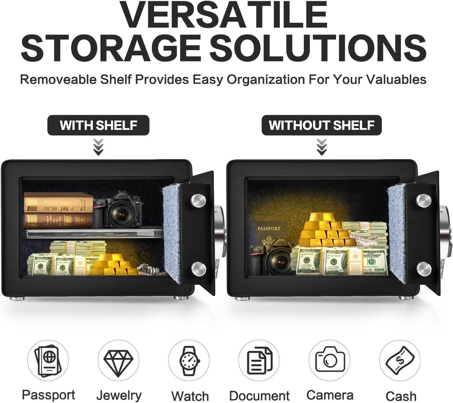 1.0 Cubic Feet Safe Box, Small Safe W/Removable Shelf, Alarm System, Digital Electronic Security Money Box for Cash, Document, Home, Office, Hotel Use, Black, 9.84"D x 13.78"W x 9.84"H