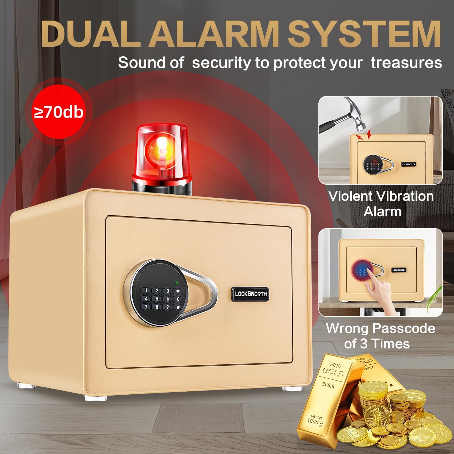 1.0 Cubic Feet Safe Box, Small Safe W/Removable Shelf, Alarm System, Digital Electronic Security Money Box for Cash, Document, Home,Office, Hotel Use, Golden, 9.84"D x 13.78"W x 9.84"H
