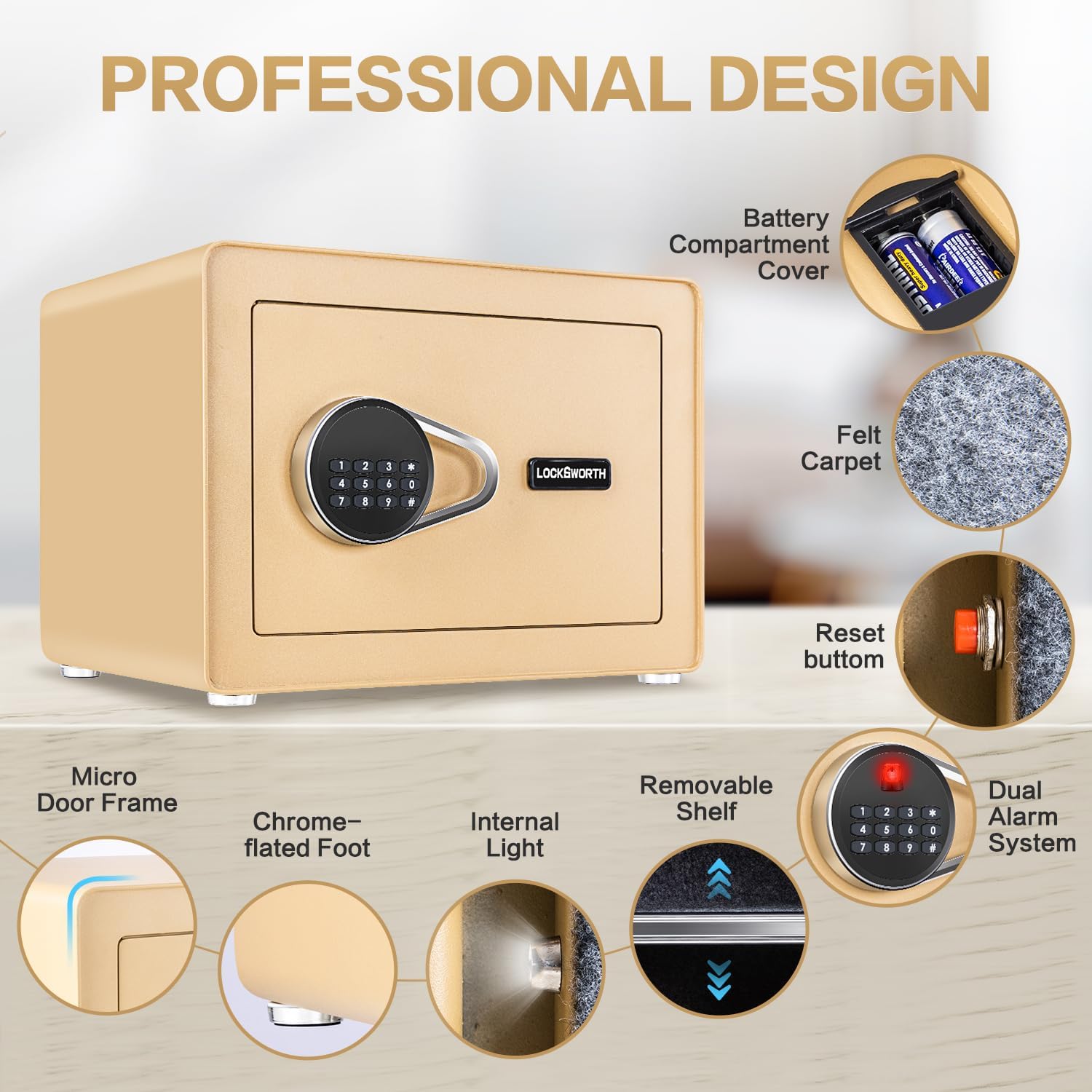 1.0 Cubic Feet Safe Box, Small Safe W/Removable Shelf, Alarm System, Digital Electronic Security Money Box for Cash, Document, Home,Office, Hotel Use, Golden, 9.84"D x 13.78"W x 9.84"H