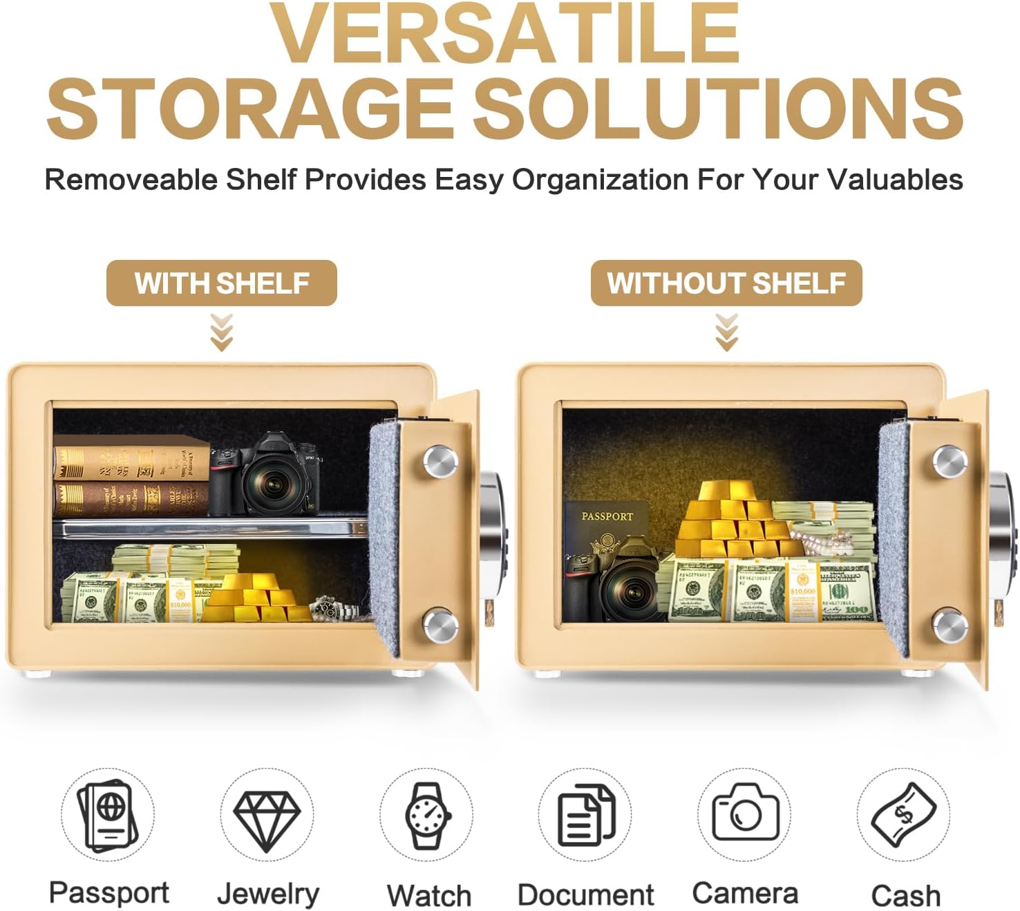 1.0 Cubic Feet Safe Box, Small Safe W/Removable Shelf, Alarm System, Digital Electronic Security Money Box for Cash, Document, Home,Office, Hotel Use, Golden, 9.84"D x 13.78"W x 9.84"H