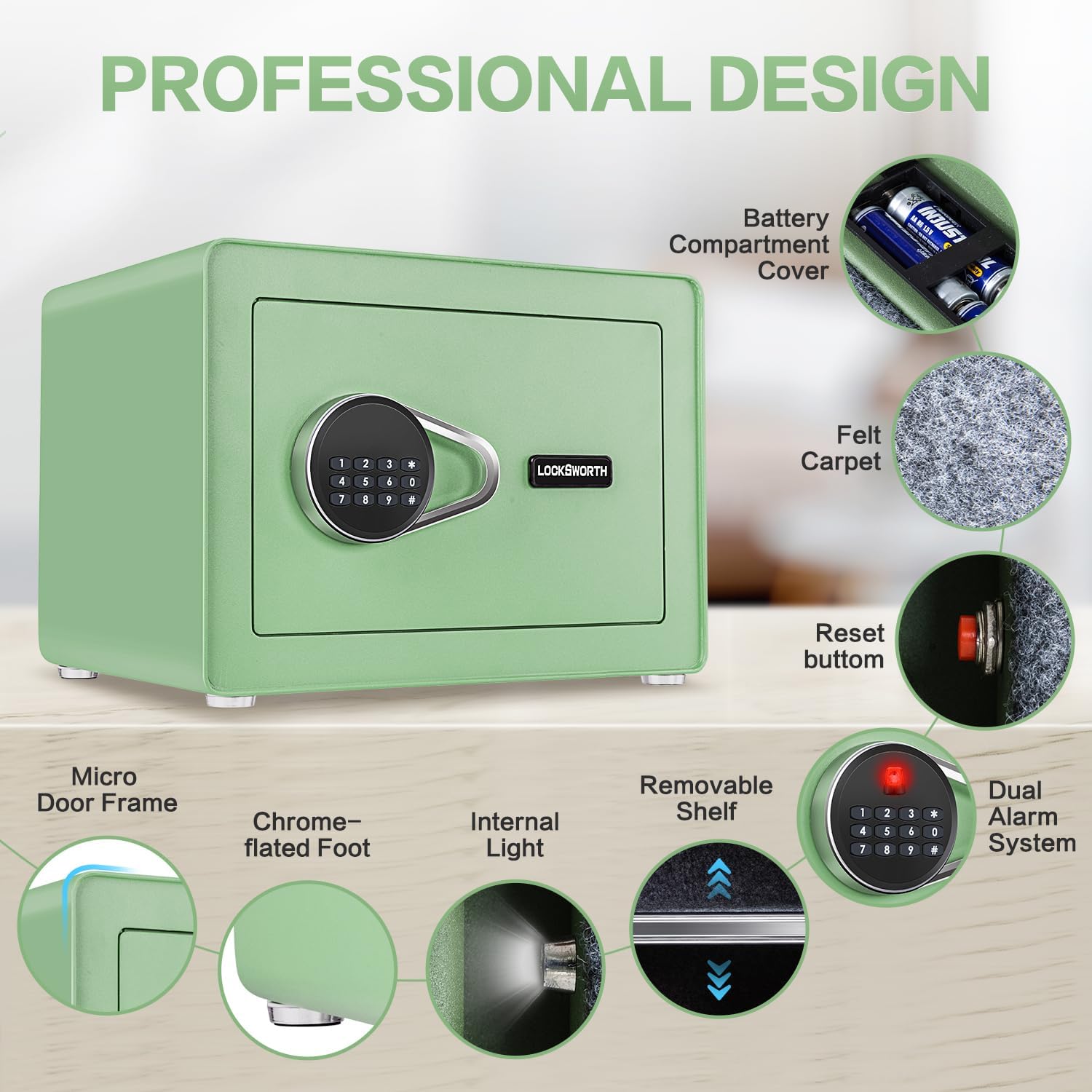 1.0 Cubic Feet Safe Box, Small Safe W/Removable Shelf, Alarm System, Digital Electronic Security Money Box for Cash, Document, Home,Office, Hotel Use, Green, 9.84"D x 13.78"W x 9.84"H (Copy) (Copy) (Copy)