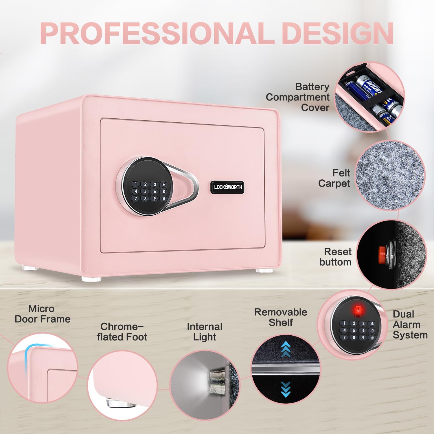 1.0 Cubic Feet Safe Box, Small Safe W/Removable Shelf, Alarm System, Digital Electronic Security Money Box for Cash, Document, Home,Office, Hotel Use, Pink, 9.84"D x 13.78"W x 9.84"H (Copy)