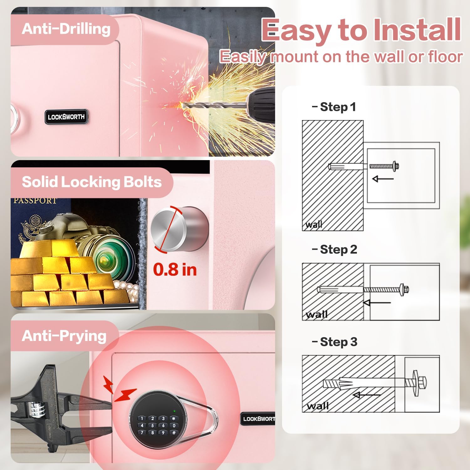 1.0 Cubic Feet Safe Box, Small Safe W/Removable Shelf, Alarm System, Digital Electronic Security Money Box for Cash, Document, Home,Office, Hotel Use, Pink, 9.84"D x 13.78"W x 9.84"H (Copy)