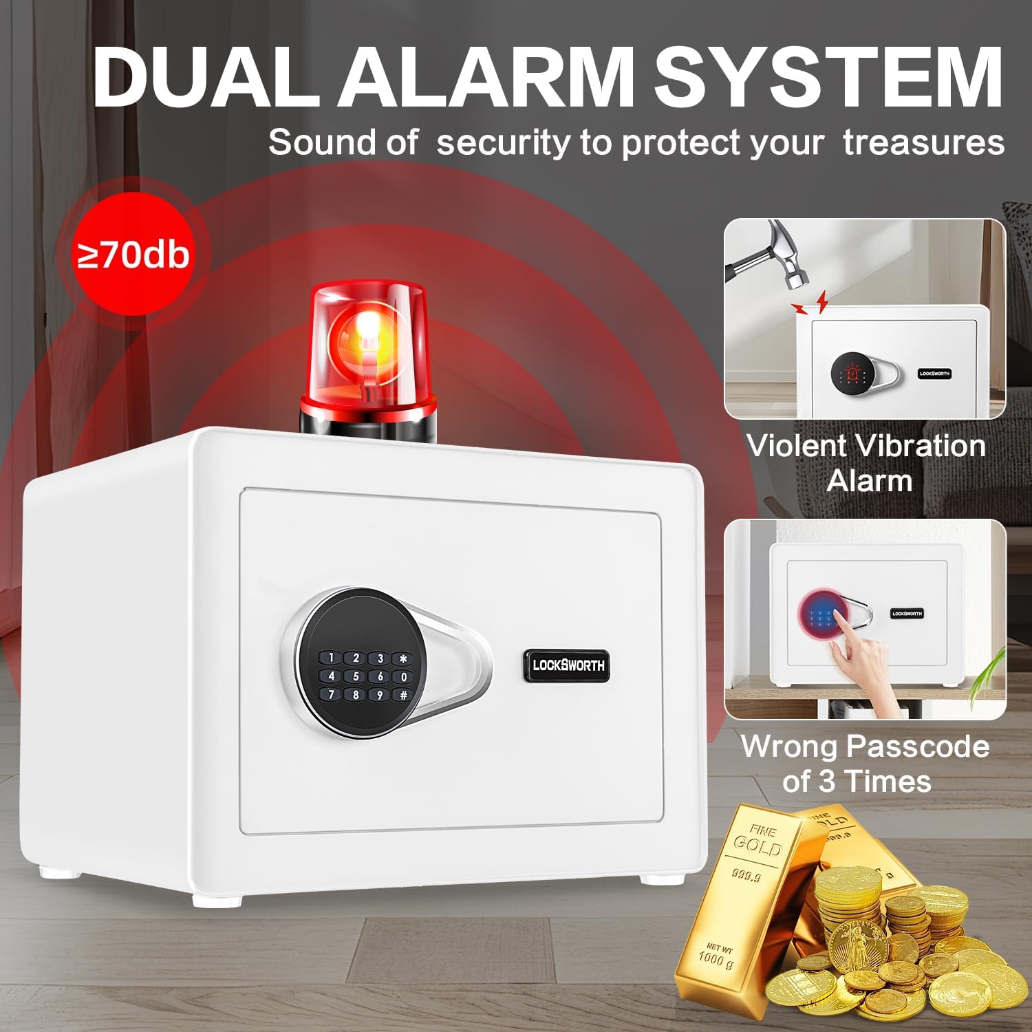 1.0 Cubic Feet Safe Box, Small Safe W/Removable Shelf, Alarm System, Digital Electronic Security Money Box for Cash, Document, Home,Office, Hotel Use, White, 9.84"D x 13.78"W x 9.84"H