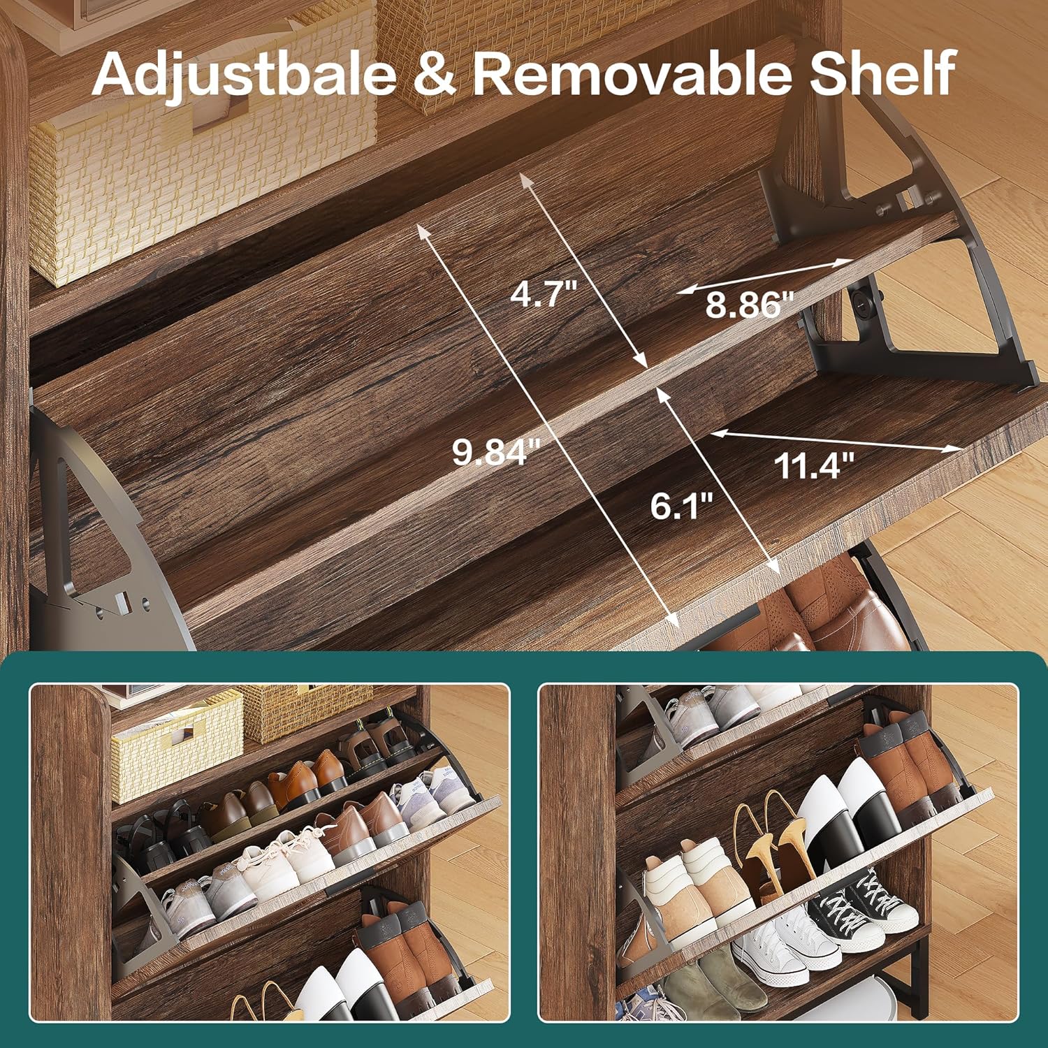 Freestanding Shoe Storage Cabinet for Entryway, Farmhouse Shoe Rack Cabinet with Open Shelf & 2 Flip-Drawer, Metal Legs for Hallway, White