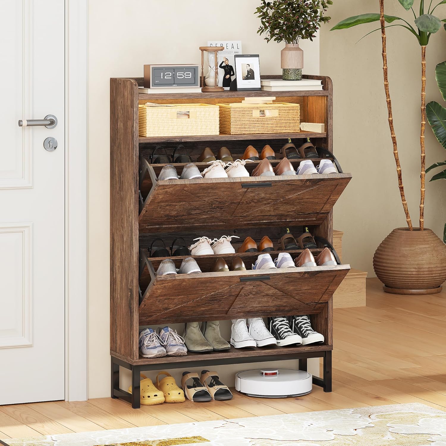 Freestanding Shoe Storage Cabinet for Entryway, Farmhouse Shoe Rack Cabinet with Open Shelf & 2 Flip-Drawer, Metal Legs for Hallway, White