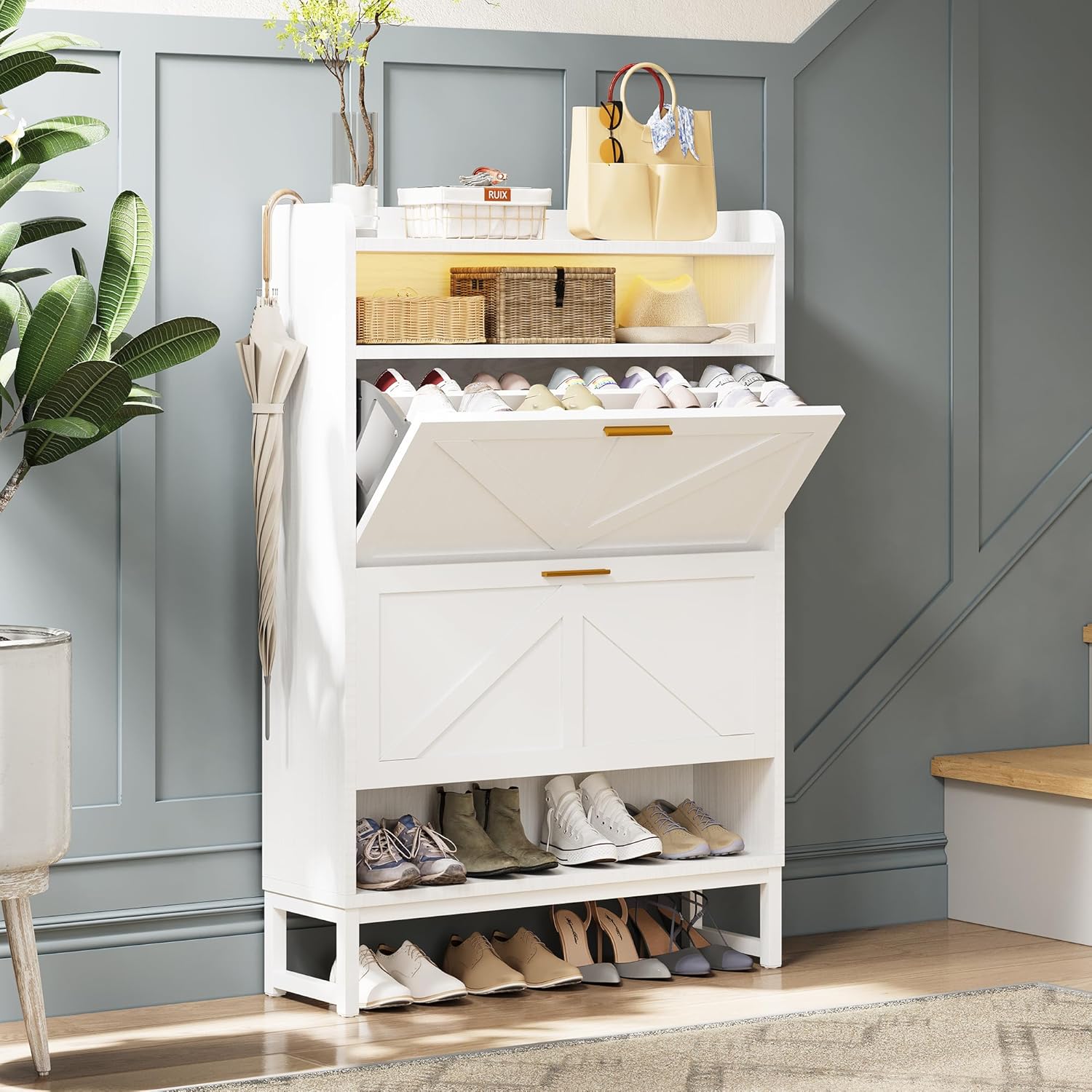 Freestanding Shoe Storage Cabinet for Entryway, Farmhouse Shoe Rack Cabinet with Open Shelf & 2 Flip-Drawer, Metal Legs for Hallway, White