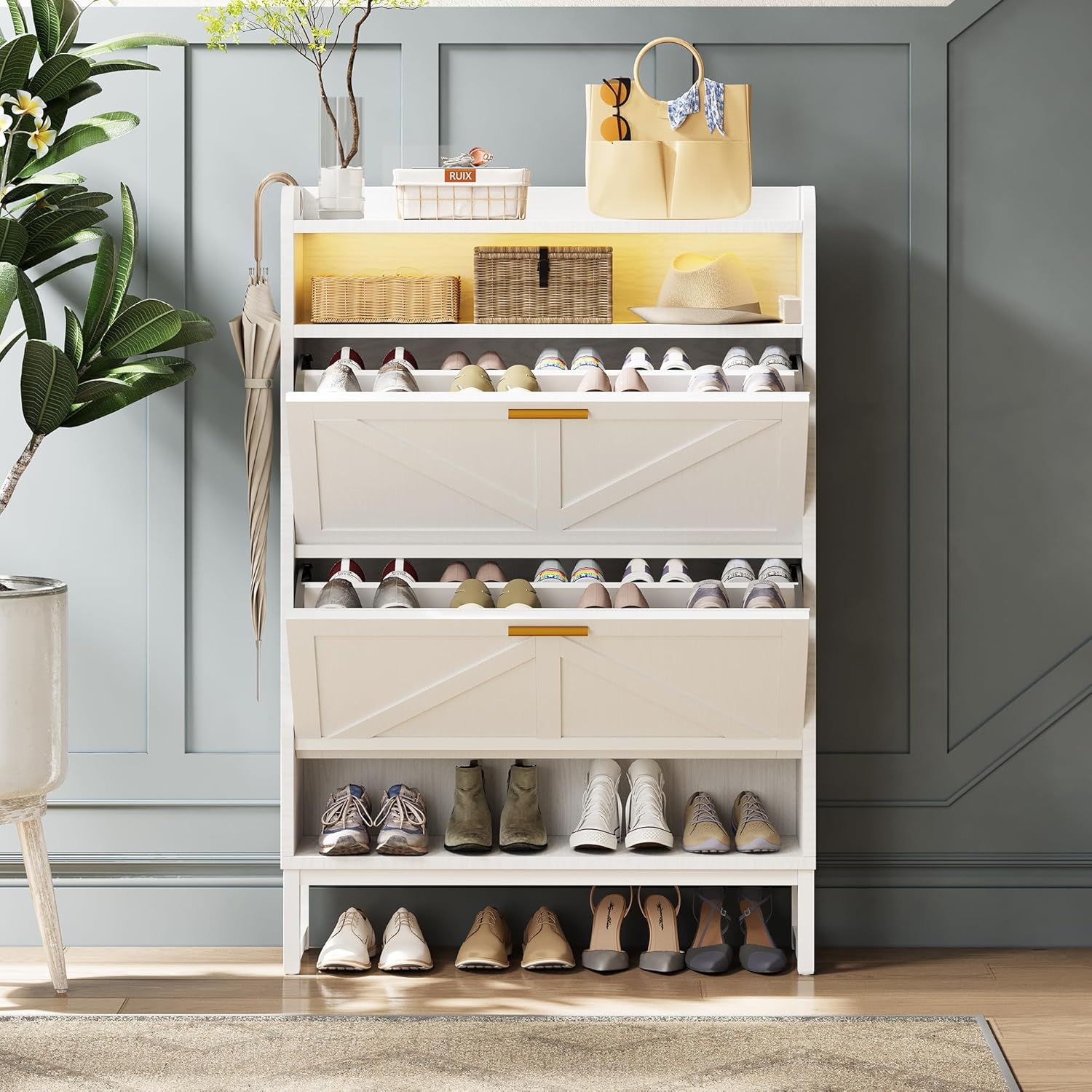 Freestanding Shoe Storage Cabinet for Entryway, Farmhouse Shoe Rack Cabinet with Open Shelf & 2 Flip-Drawer, Metal Legs for Hallway, White