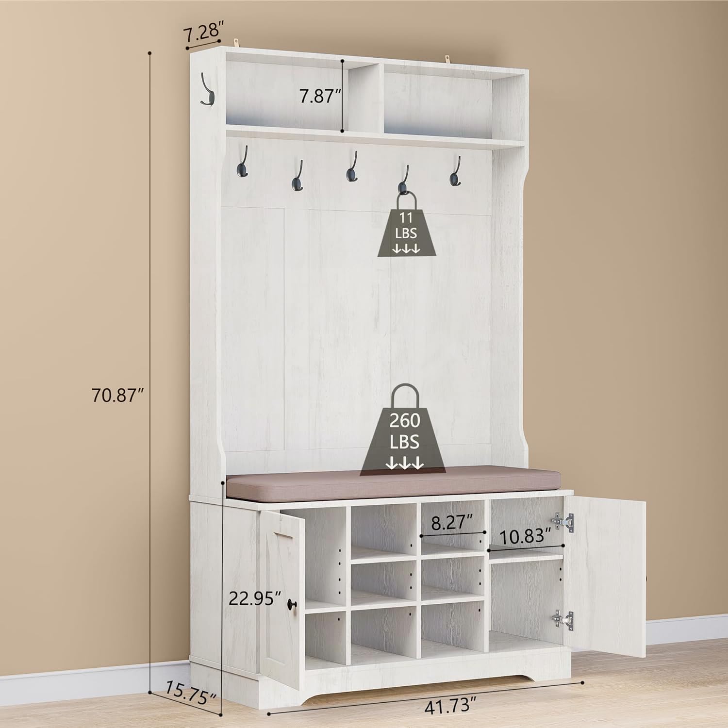 71" Hall Tree with Bench and Shoe Storage, Entryway Hall Tree with 2 Doors and 6 Adjustable Shelves, Cushioned Storage Bench with Coat Rack for Hallway, Living Room, Mudroom