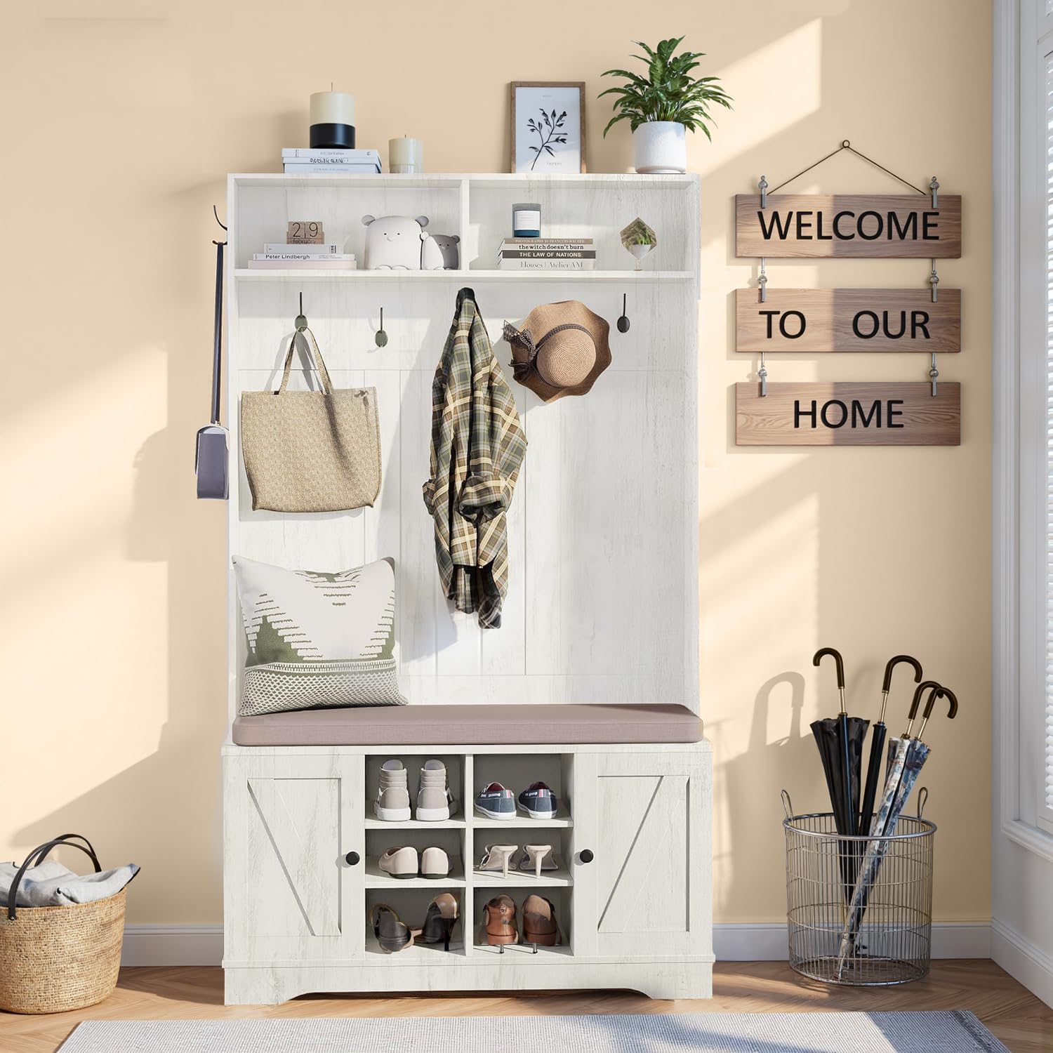 71" Hall Tree with Bench and Shoe Storage, Entryway Hall Tree with 2 Doors and 6 Adjustable Shelves, Cushioned Storage Bench with Coat Rack for Hallway, Living Room, Mudroom