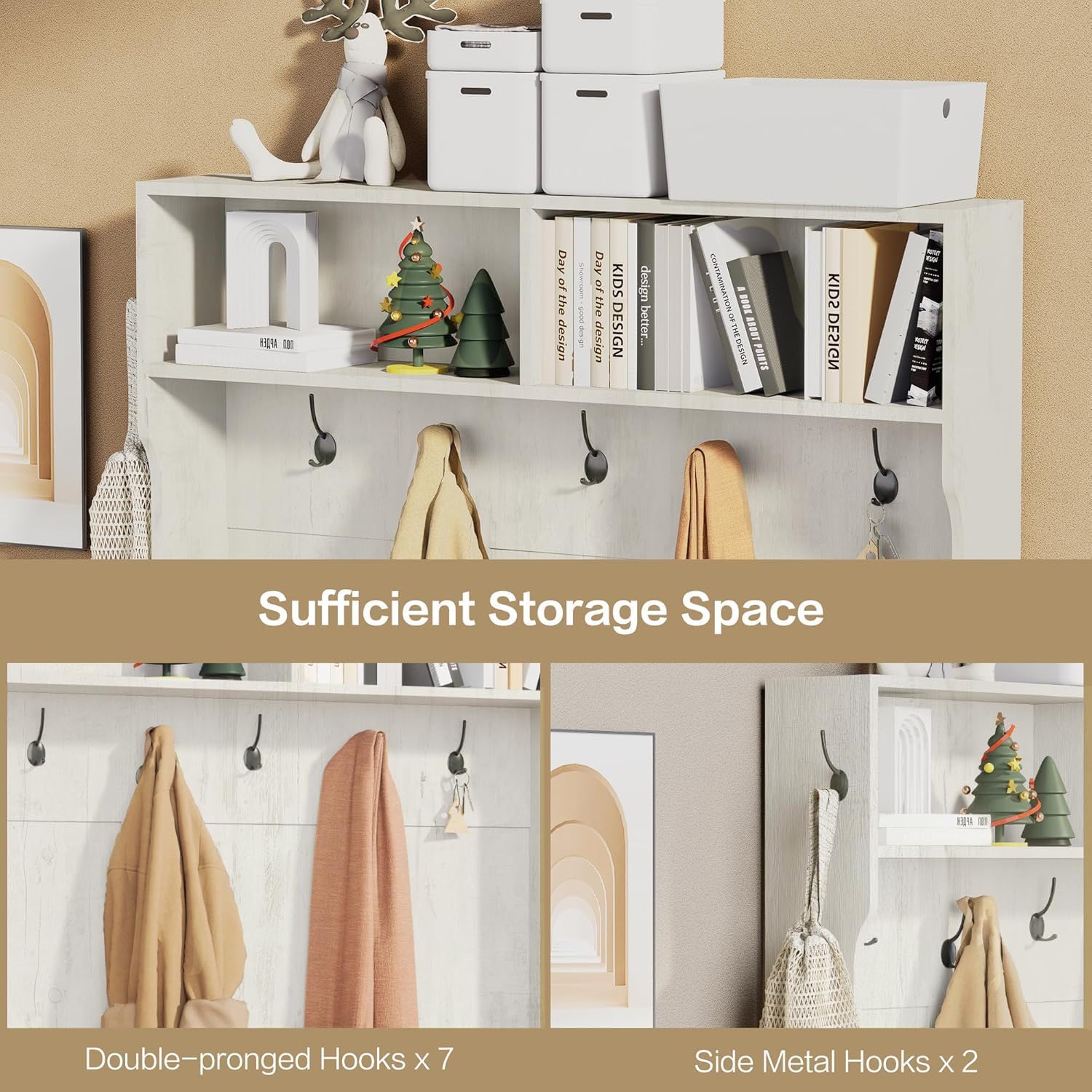 71" Hall Tree with Bench and Shoe Storage, Entryway Hall Tree with 2 Doors and 6 Adjustable Shelves, Cushioned Storage Bench with Coat Rack for Hallway, Living Room, Mudroom