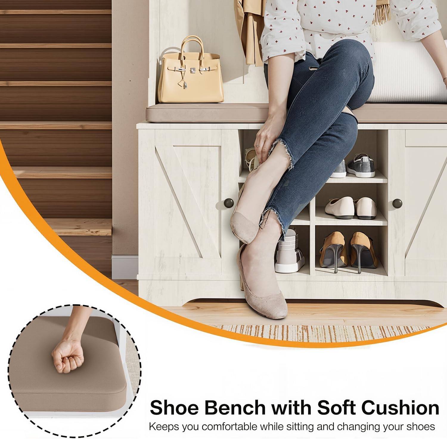 71" Hall Tree with Bench and Shoe Storage, Entryway Hall Tree with 2 Doors and 6 Adjustable Shelves, Cushioned Storage Bench with Coat Rack for Hallway, Living Room, Mudroom