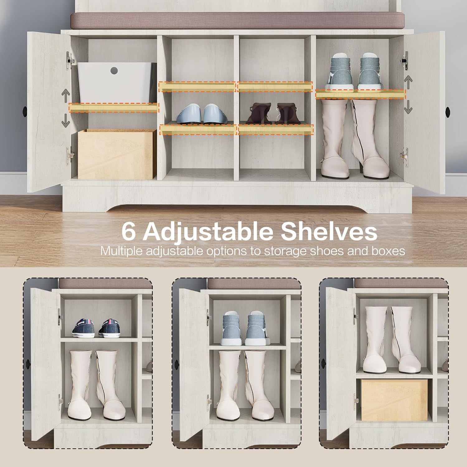 71" Hall Tree with Bench and Shoe Storage, Entryway Hall Tree with 2 Doors and 6 Adjustable Shelves, Cushioned Storage Bench with Coat Rack for Hallway, Living Room, Mudroom