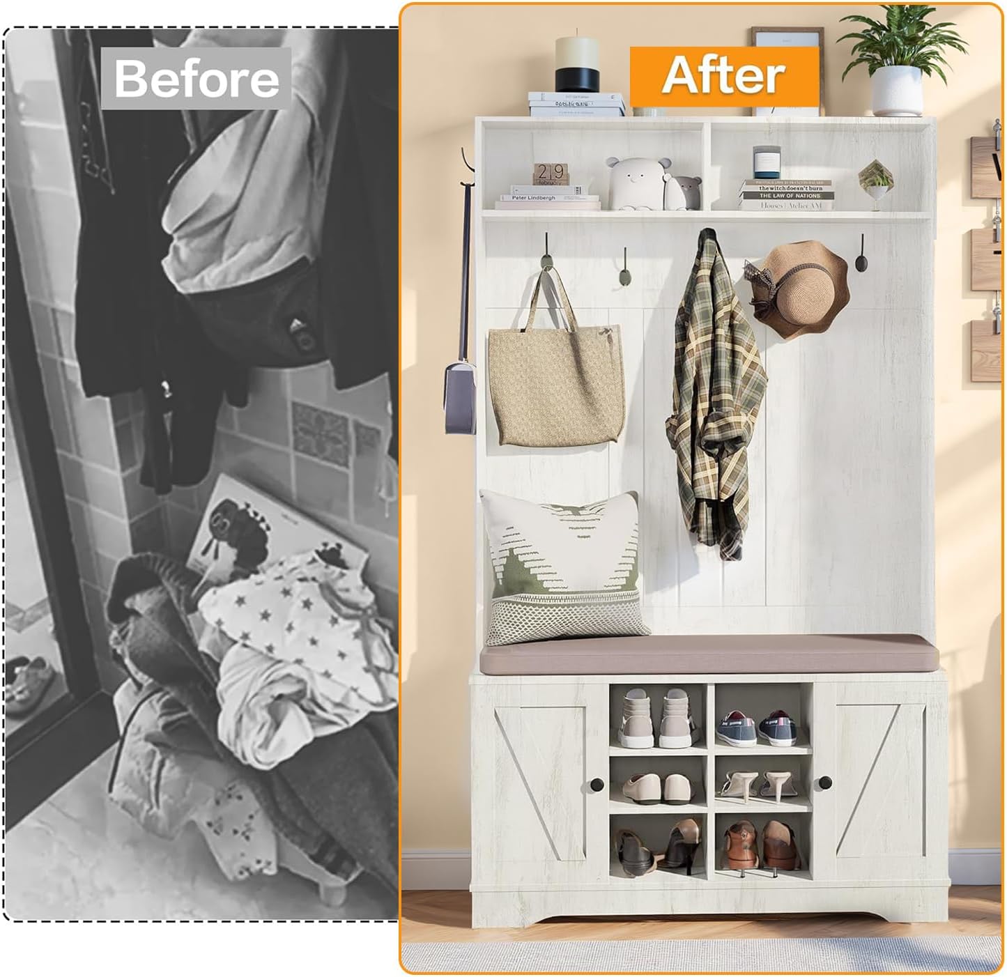 71" Hall Tree with Bench and Shoe Storage, Entryway Hall Tree with 2 Doors and 6 Adjustable Shelves, Cushioned Storage Bench with Coat Rack for Hallway, Living Room, Mudroom