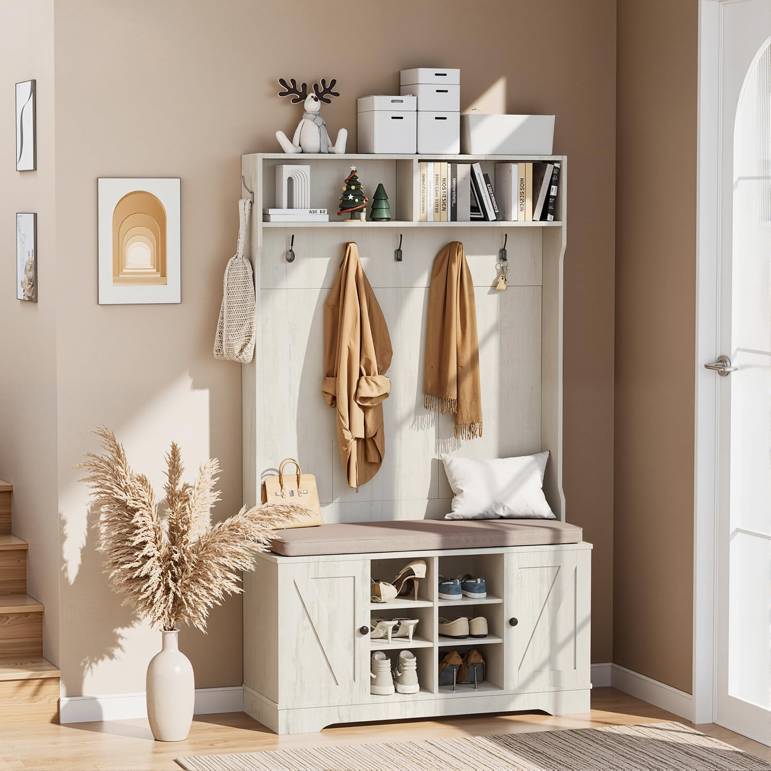 71" Hall Tree with Bench and Shoe Storage, Entryway Hall Tree with 2 Doors and 6 Adjustable Shelves, Cushioned Storage Bench with Coat Rack for Hallway, Living Room, Mudroom
