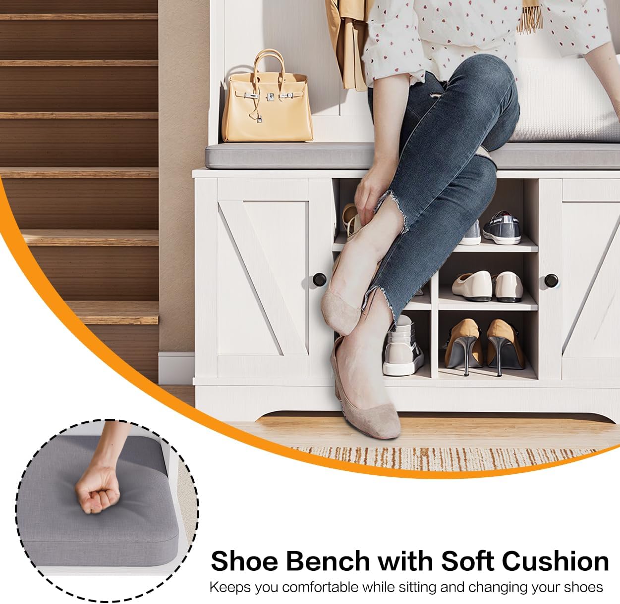 71" Hall Tree with Bench and Shoe Storage, Entryway Hall Tree with 2 Doors and 6 Adjustable Shelves, Cushioned Storage Bench with Coat Rack for Hallway, Living Room, Mudroom