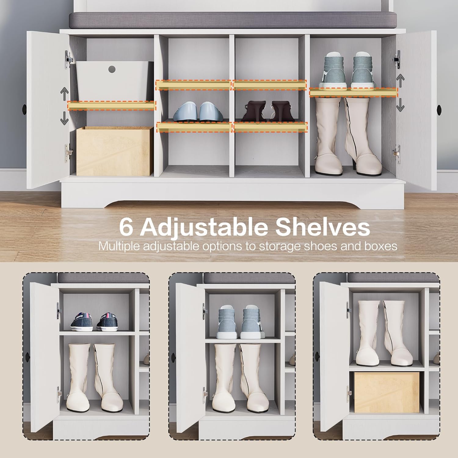 71" Hall Tree with Bench and Shoe Storage, Entryway Hall Tree with 2 Doors and 6 Adjustable Shelves, Cushioned Storage Bench with Coat Rack for Hallway, Living Room, Mudroom