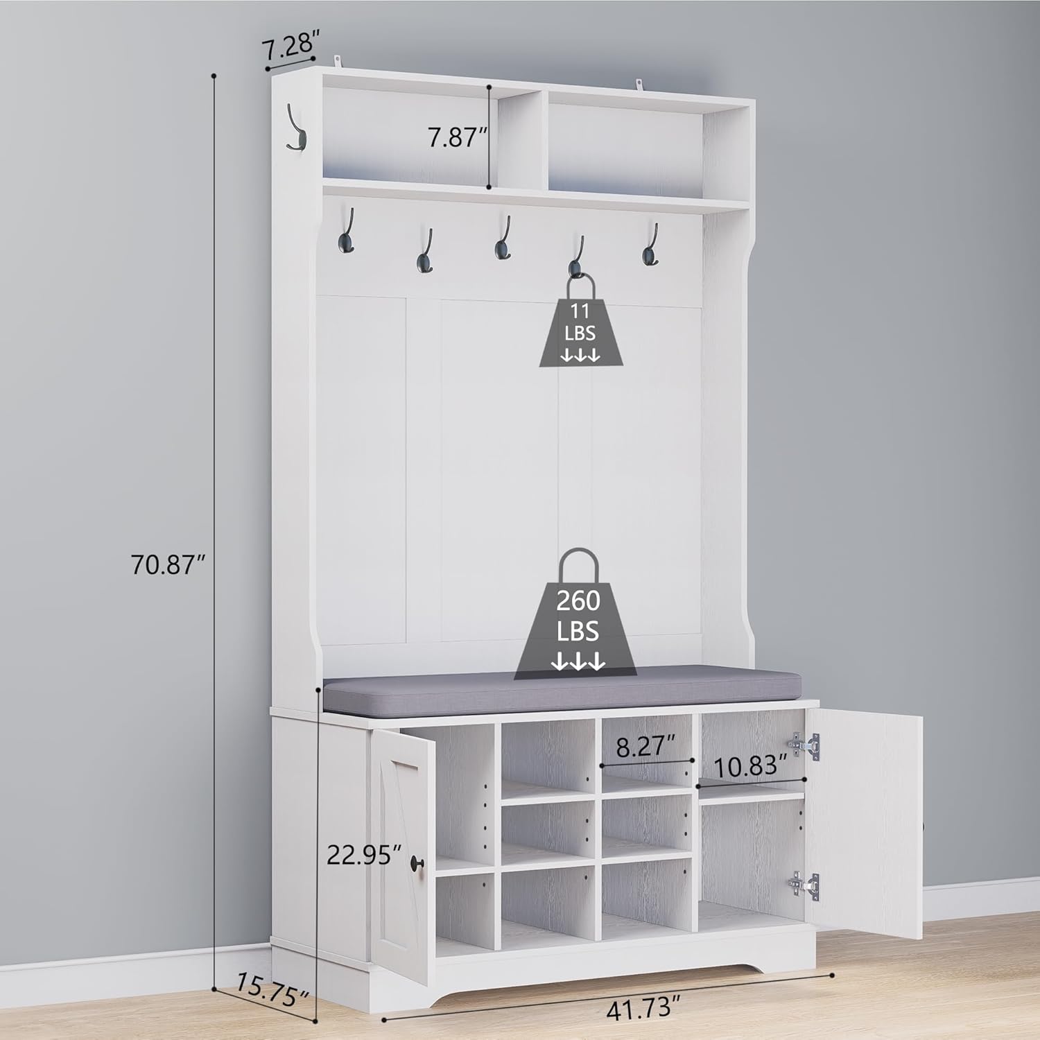 71" Hall Tree with Bench and Shoe Storage, Entryway Hall Tree with 2 Doors and 6 Adjustable Shelves, Cushioned Storage Bench with Coat Rack for Hallway, Living Room, Mudroom