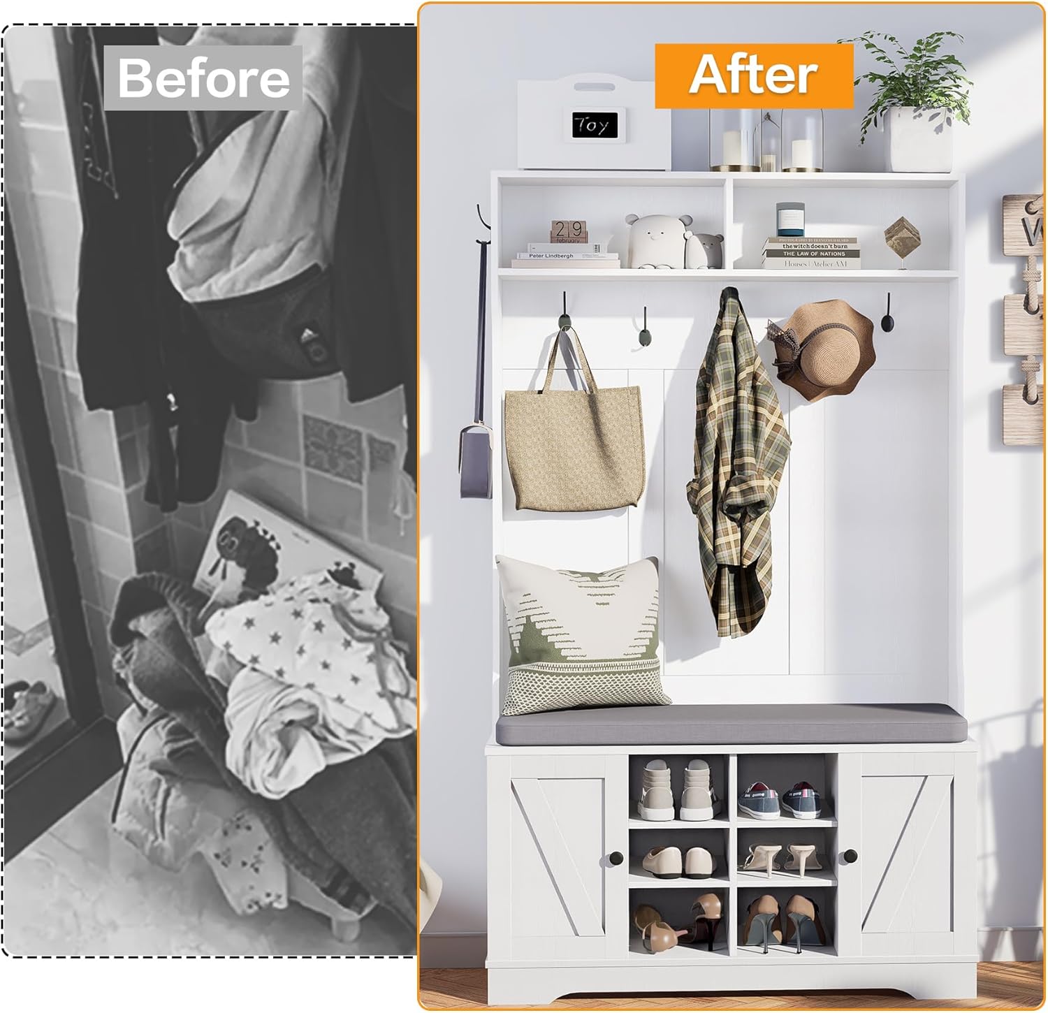 71" Hall Tree with Bench and Shoe Storage, Entryway Hall Tree with 2 Doors and 6 Adjustable Shelves, Cushioned Storage Bench with Coat Rack for Hallway, Living Room, Mudroom